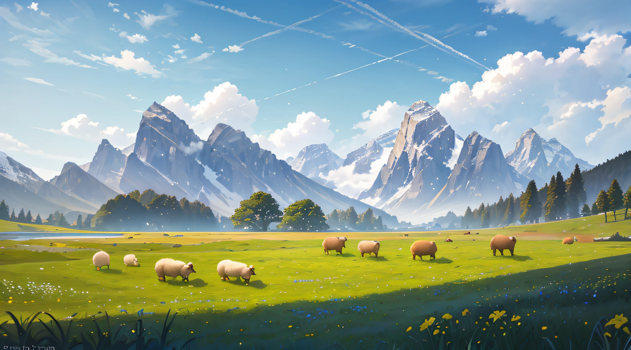 Summer, meadows, few small flowers, clear lakes, sheep, heaven, large clouds, blue sky, hot weather, HD detail, wet watermark, hyper-detail, cinematic, surrealism, soft light, deep field focus bokeh, distant view is snowy mountains, ray tracing, and surrealism. --v6