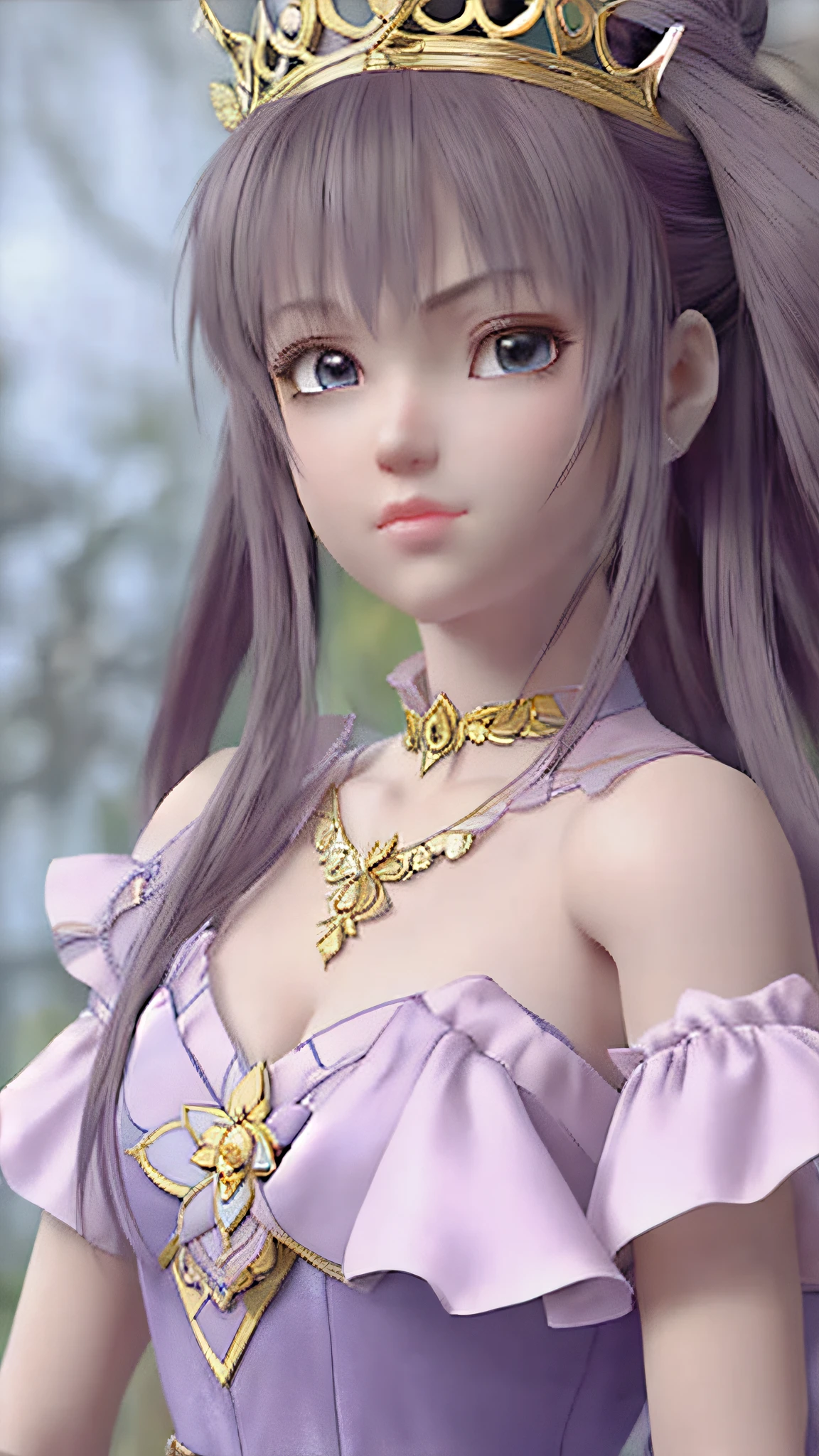 A close-up of a doll in a purple dress and a gold crown, Smooth anime CG art, 2. 5 D CGI anime fantasy artwork, anime styled 3d, Portrait Chevaliers du Zodiaque Fille, 3 d anime realistic, hyper-detailed fantasy character, 3d anime girl, intricate ornate anime cgi style, Seductive princess，photorealistic anime girl rendering, Game CG