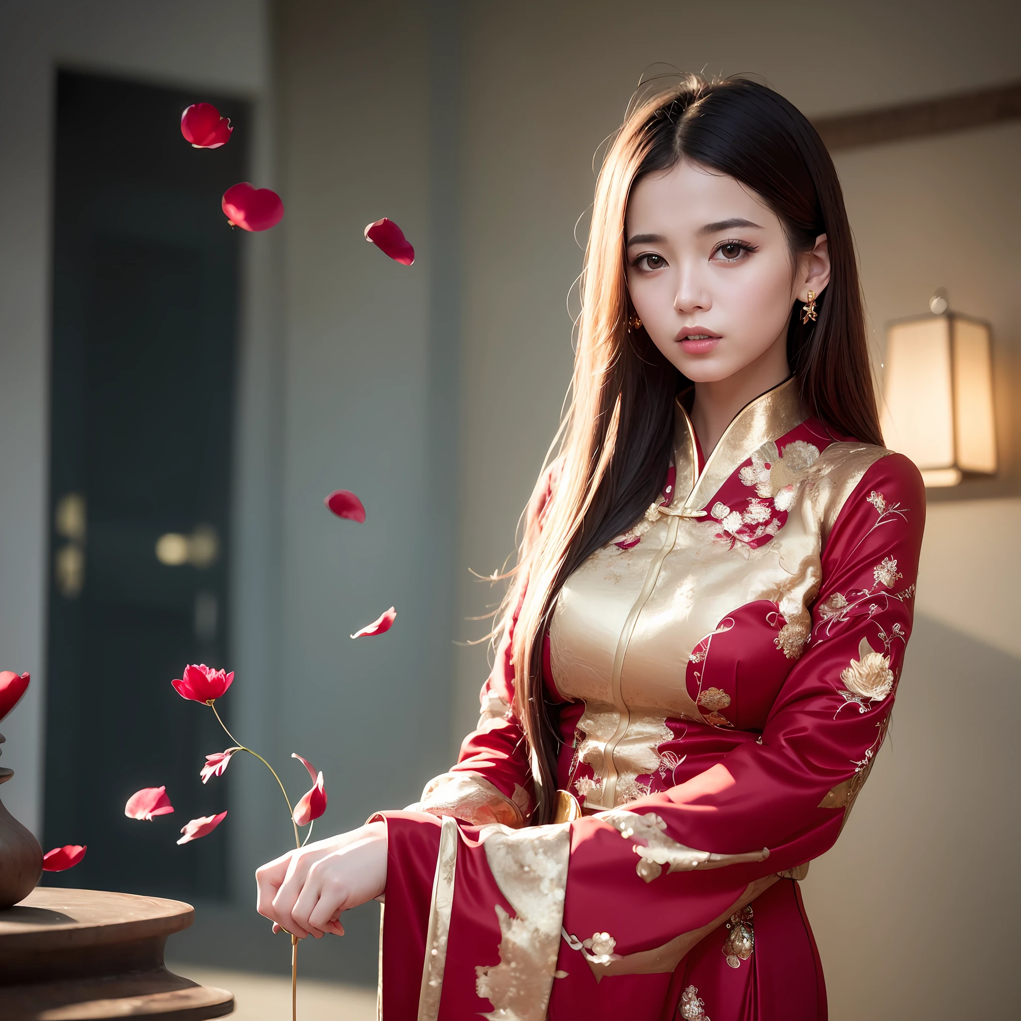 best quality, masterpiece, highres, (exquisite body:1.5),gorgeous face,(milky skin:1.3),intricate details,high resolution,wallpaper,
1girl, solo, dress, hair ornament, (((gold and red dress))), flowers, long hair, brown hair, closed mouth, jewelry, long sleeves, hand up, wide sleeves, big eyes,floating hair, chinese clothes, hanfu, embroidery, long skirt, natural pose, falling petals, indoor,fanning, lantern,
16K,HDR,highres,depth field,(film grain:1.1),boken,golden hour,(lens flare),vignette,rainbowing,(color grading:1.5)