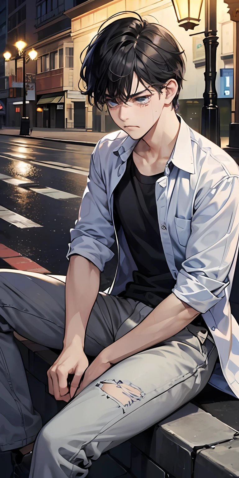 tmasterpiece,high high quality,Best quality at best,k hd,详细的脸,Detailed body,1 man,with short black hair,whitet-shirt,(Saddened expression:1.5),(The face is sad:1.5),(Leaning sideways on a streetlight:1.5),(sat on the ground:1.2),Looks engaged,Off the street,The weather is gloomy,(and it was raining lightly:1.2),(Torn clothes:1.4),(Shabby clothes 1.2)