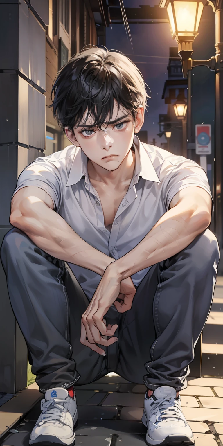tmasterpiece,high high quality,Best quality at best,k hd,详细的脸,Detailed body,1 man,with short black hair,whitet-shirt,(Saddened expression:1.5),(The face is sad:1.5),(Leaning sideways on a streetlight:1.3),(sat on the ground:1.2),Looks engaged,Off the street,The weather is gloomy,(and it was raining lightly:1.2),(Torn clothes:1.3),worn-out clothing