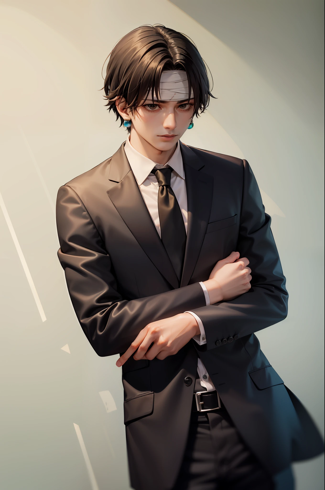 (masterpiece, best quality:1.2), cowboy shot, solo, male focus, 1boy, chrollo lucilfer, expressionless, closed mouth, handsome, crossed arms, formal, black suit, collared shirt, black necktie, black pants, black pants, jewelry, bandages, (blood:1.1)