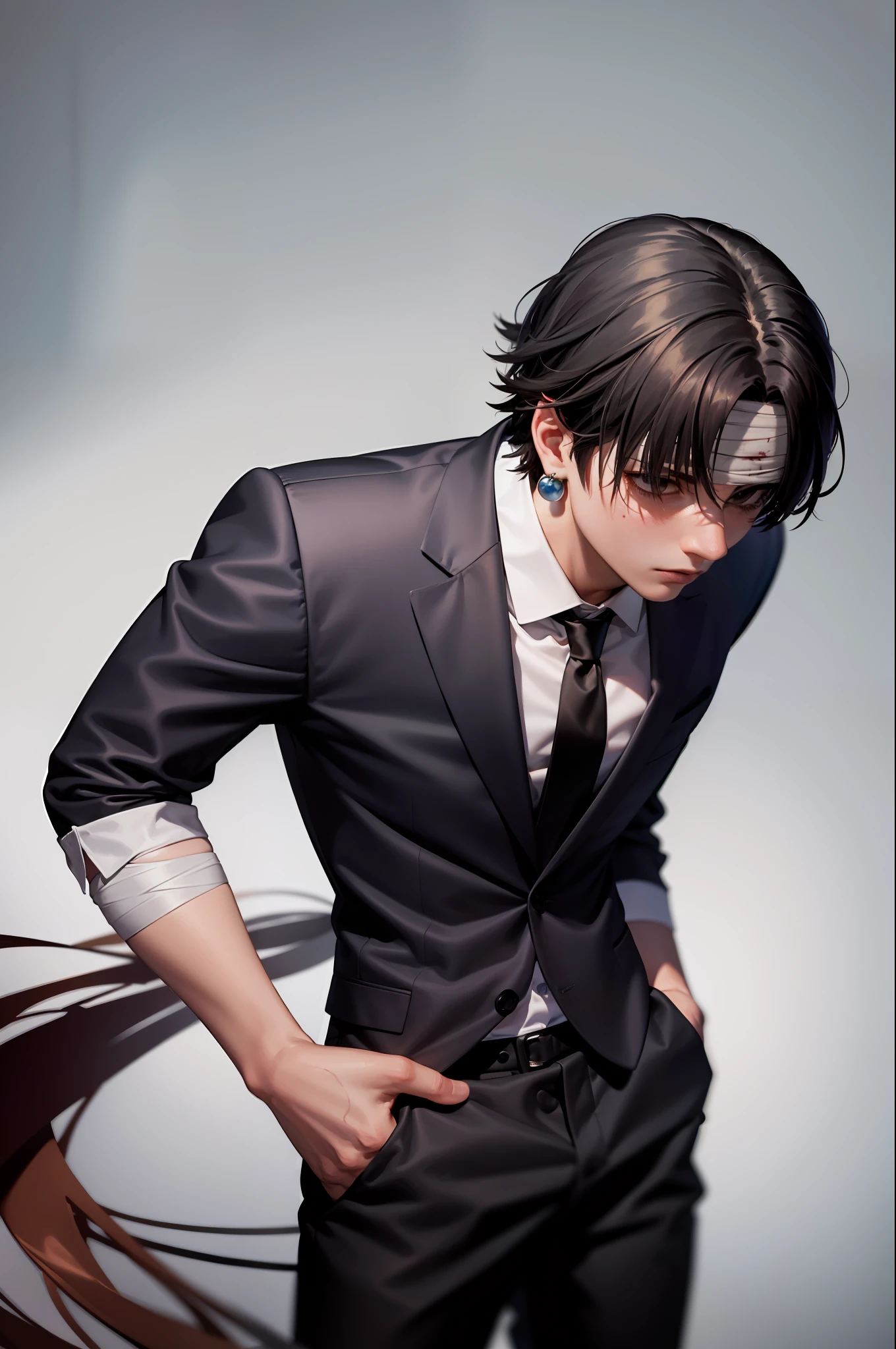 (masterpiece, best quality:1.2), cowboy shot, solo, male focus, 1boy, chrollo lucilfer, expressionless, closed mouth, handsome, crossed arms, formal, black suit, collared shirt, black necktie, black pants, black pants, jewelry, bandages, (blood:1.1)