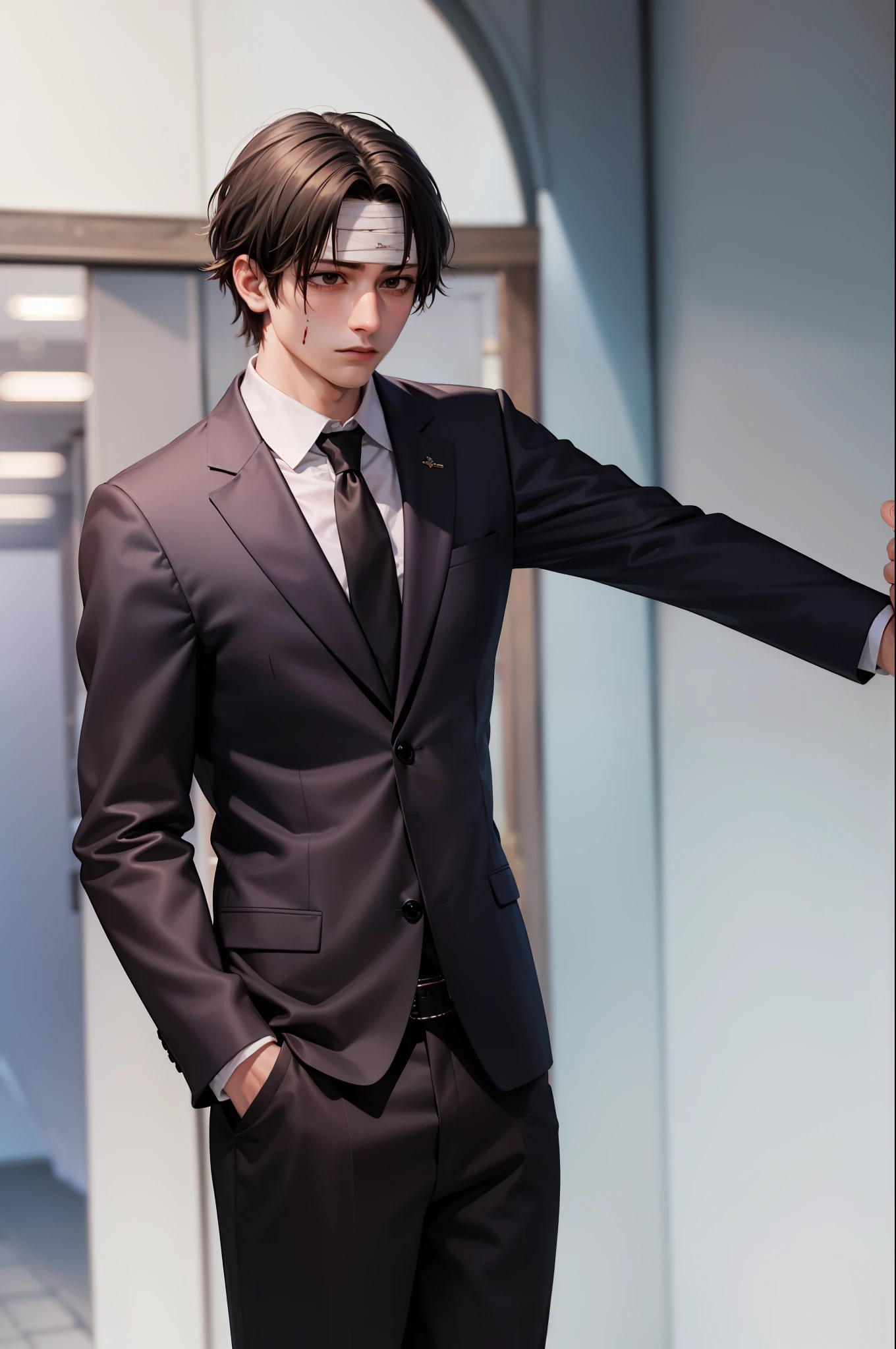 (masterpiece, best quality:1.2), cowboy shot, solo, male focus, 1boy, chrollo lucilfer, expressionless, closed mouth, handsome, crossed arms, formal, black suit, collared shirt, black necktie, black pants, black pants, jewelry, bandages, (blood:1.1)