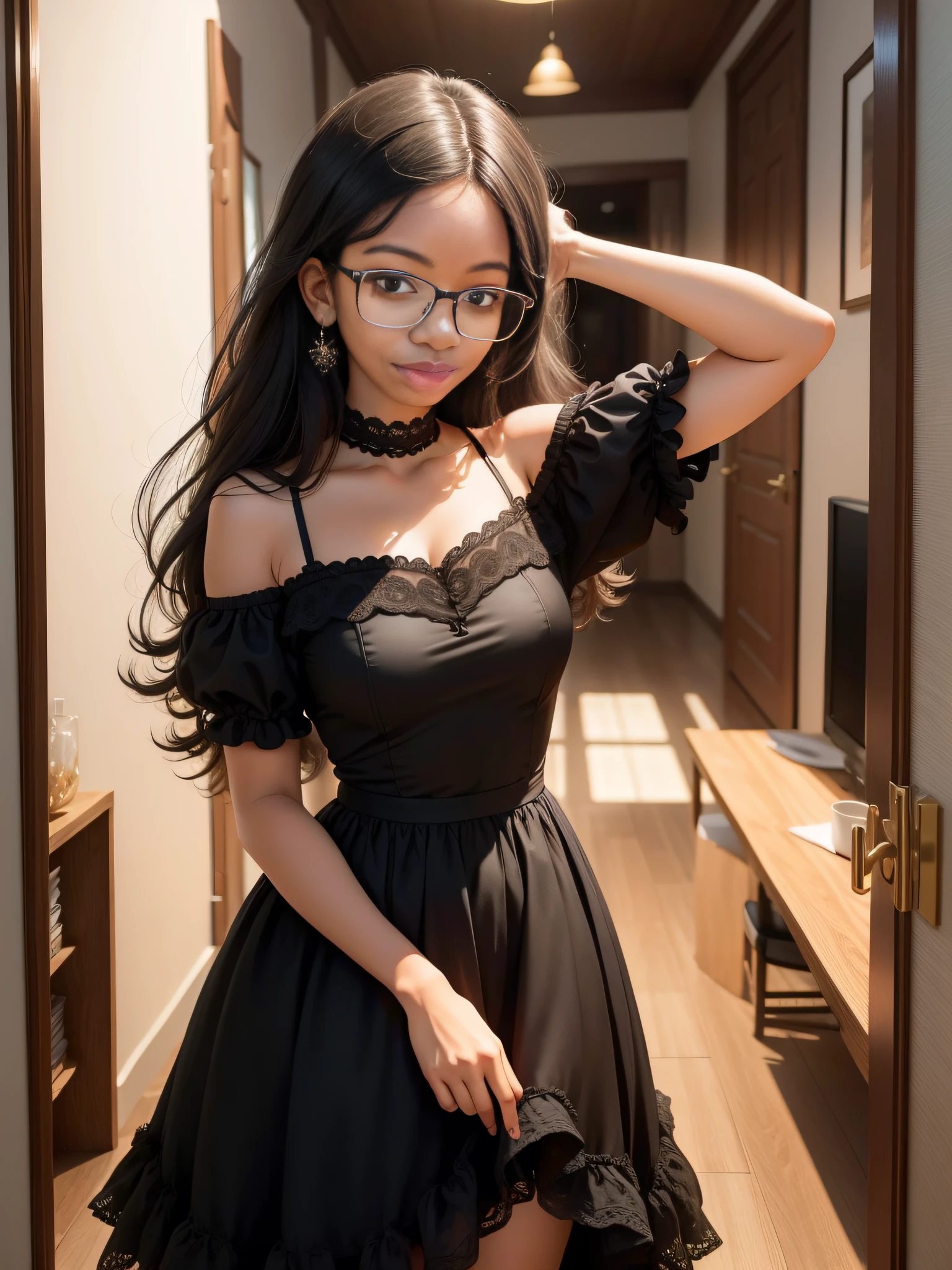 obra-prima, melhor qualidade, cabelo pretos cacheado, menina negra de 17 anos - Brasileira,with glasses and party dress, estilo disney
