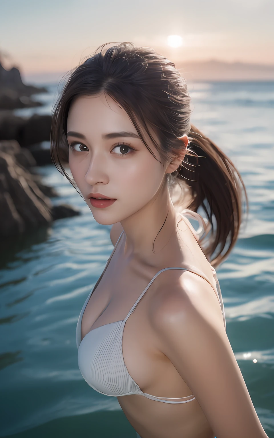 Highly detailed CG Unity 8k wallpaper, top quality, super detailed, masterpiece, realistic, photorealistic, highly detailed cute girl, (25 years old),(white micro bikini), blush, round eyes, medium breasts, viewer, cowboy shot, sea , crowd , leaning forward , ponytail