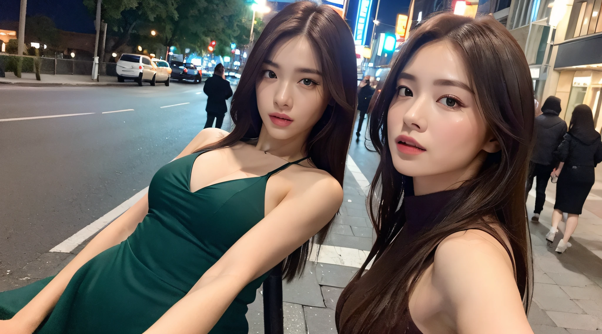 ((Realistic lighting, Best quality, 8K, Masterpiece: 1.3)), Focus: 1.2, 1girl, Perfect Body Beauty: 1.4, Slim Abs: 1.1, ((Dark Brown Hair)), (Aqua Dress: 1.4), (Outdoor, Night: 1.1), City Street, Super Fine Face, Fine Eyes, Double Eyelids,