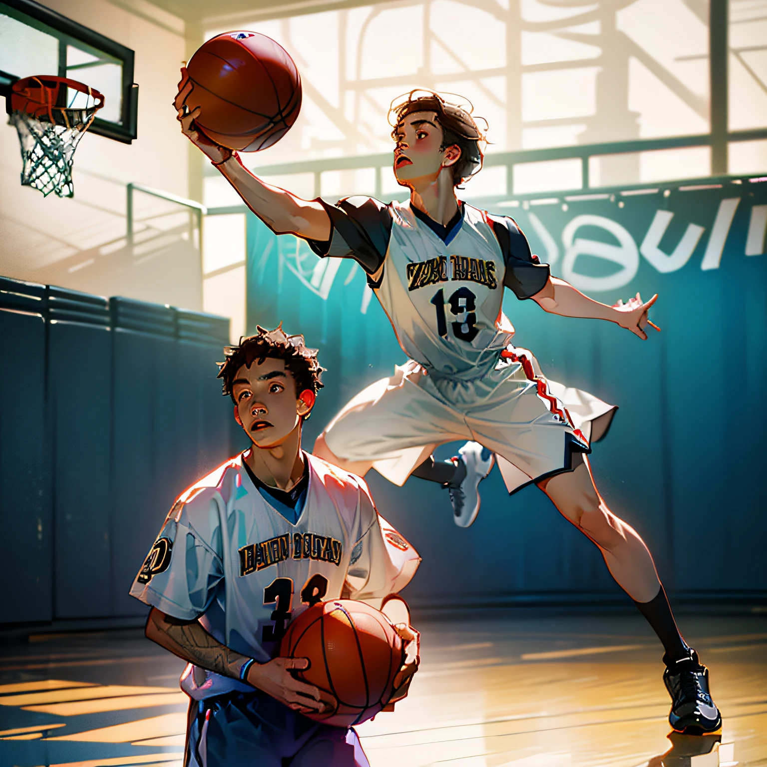 Handsome high school student playing basketball on the basketball court --auto