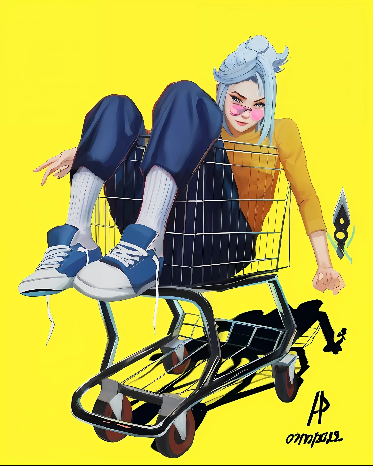 Menina anime sentada em um carrinho de compras com tesoura e tesoura, Loish |, velho senhora cyborg comerciante, rossdraw desenho animado vibrante, arte vibrante dos desenhos animados, Arte Hylics, 2d illustration, 2d illustration, Design de personagens de quadrinhos dos anos 90, E - Menina, e-menina, menina comerciante ciborgue, vista ampla, stålenhag