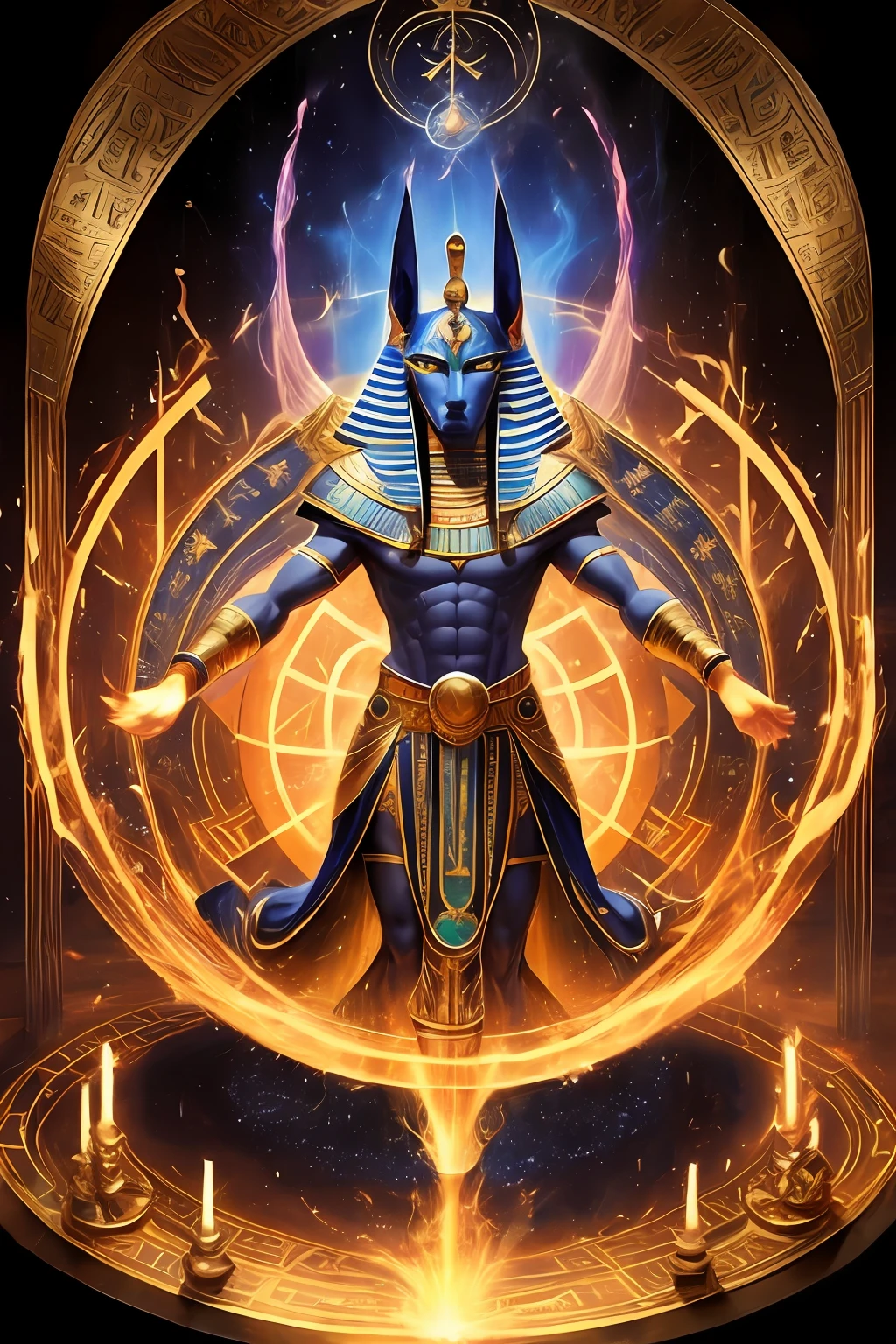 One Person, Godanubis in front of the altar with the Egyptian group, A whirlpool of fire, aura, magia, sparks, Magic Astral