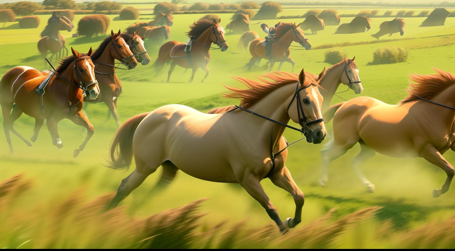 grass field，uni，cavalos，A hundred horses galloped