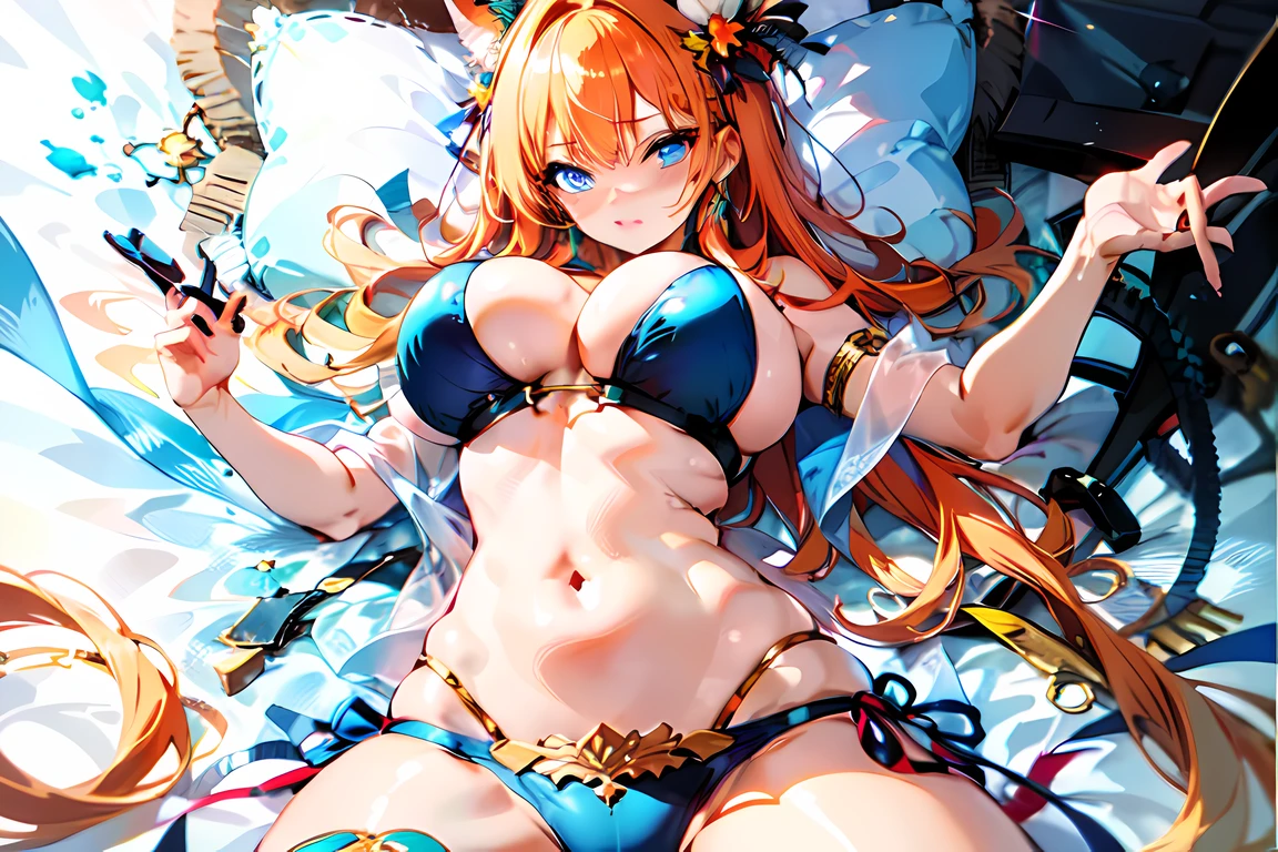 narrow navel, long navel, deep navel, sexy navel, wide hips, narrow waist, massive perfect breasts, beautiful goddess, dazzling blue eyes, orange hair, hair ornaments, random pose