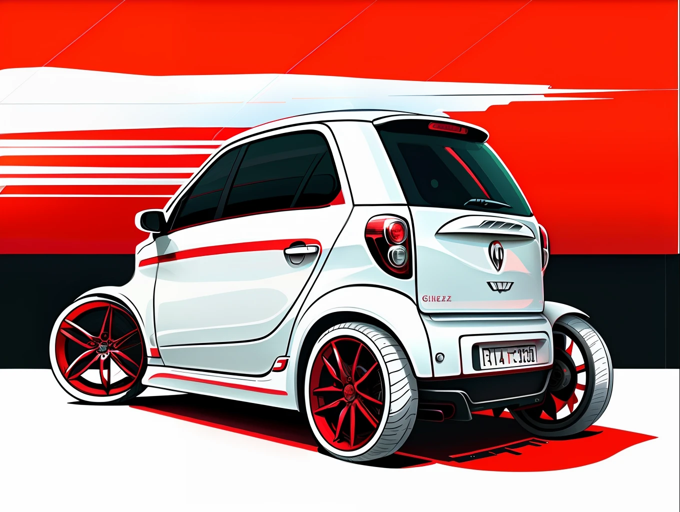 A small white car with a red roof is moving,Change the background to a white background，Illustration design display