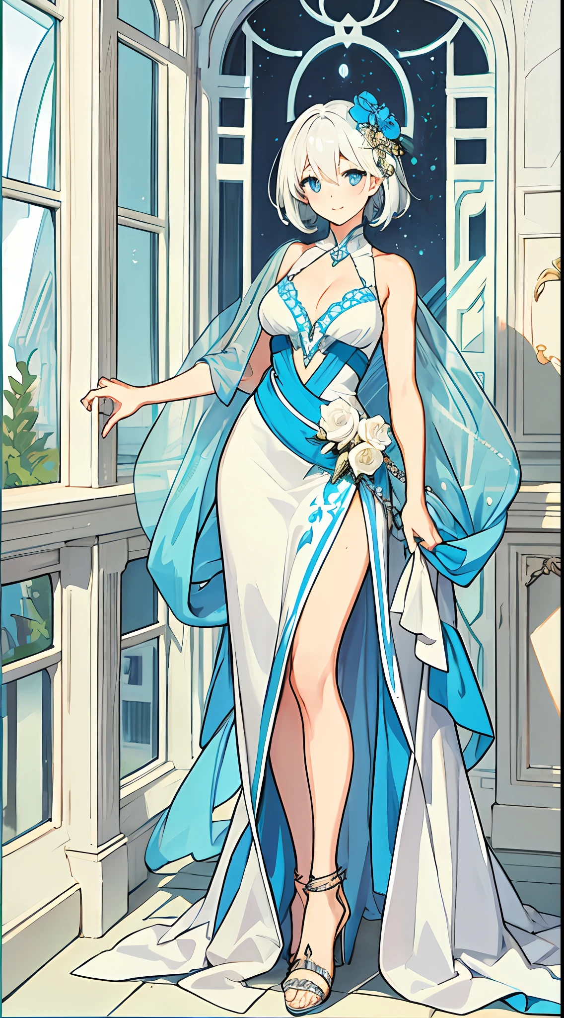 One Woman、full body Esbian、frontage、Standing up、White hair、ample breasts、Sleeveless、white gown、High heel sandals、ultra-quality、ssmile、Background blank、Blue eyes、Seductive eyes、short-hair