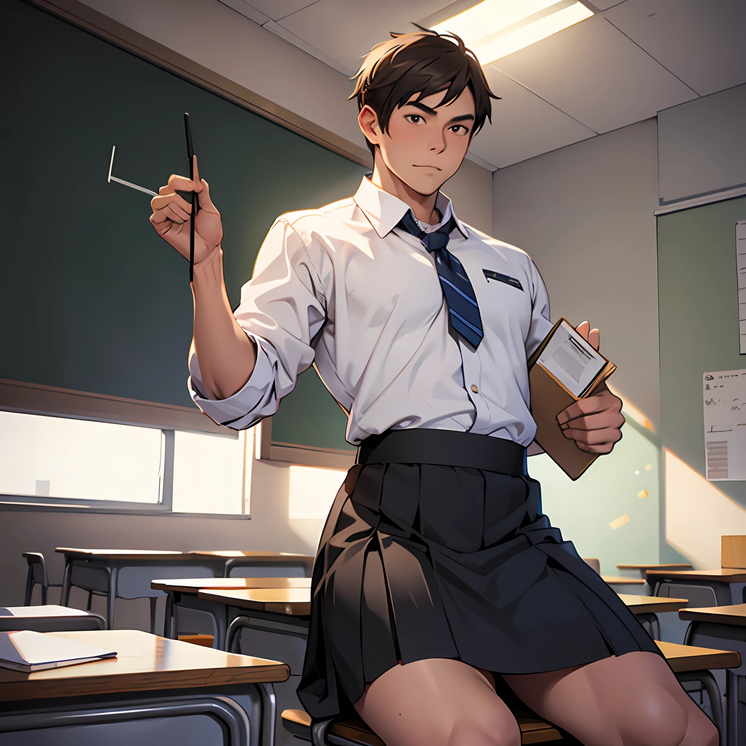 In the classroom，A male teacher in a hip-wrapped skirt sits on the podium --auto