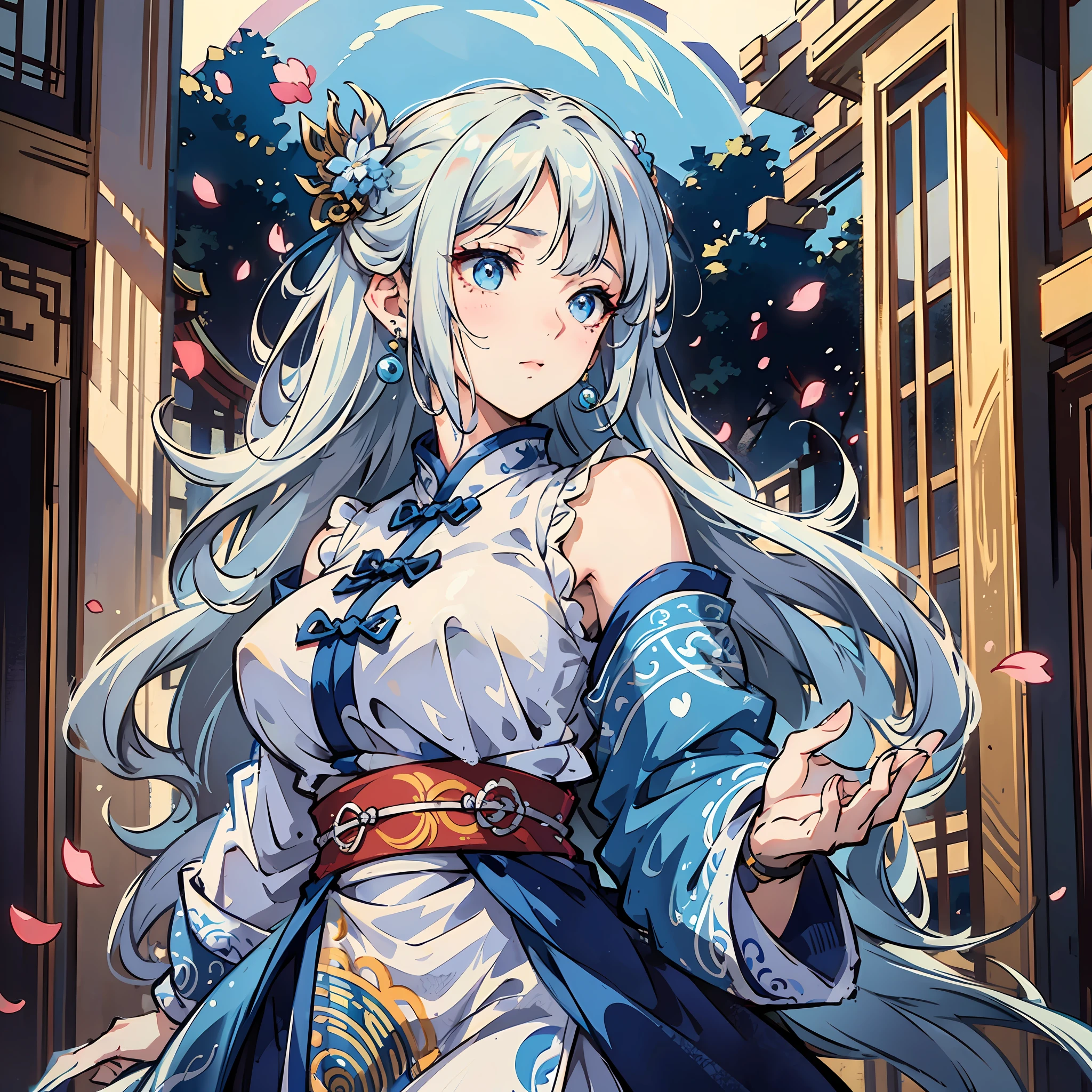 Mature girl,blue color eyes,Blue-white hair color,Floating hair,Delicate and agile eyes,Intricate damask hanfu,Gorgeous accessories,Wear pearl earrings,tmasterpiece,Ancient Chinese architecture,Petals flying,Frontal portrait shot,Side lighting,The sun shines on people,8K
