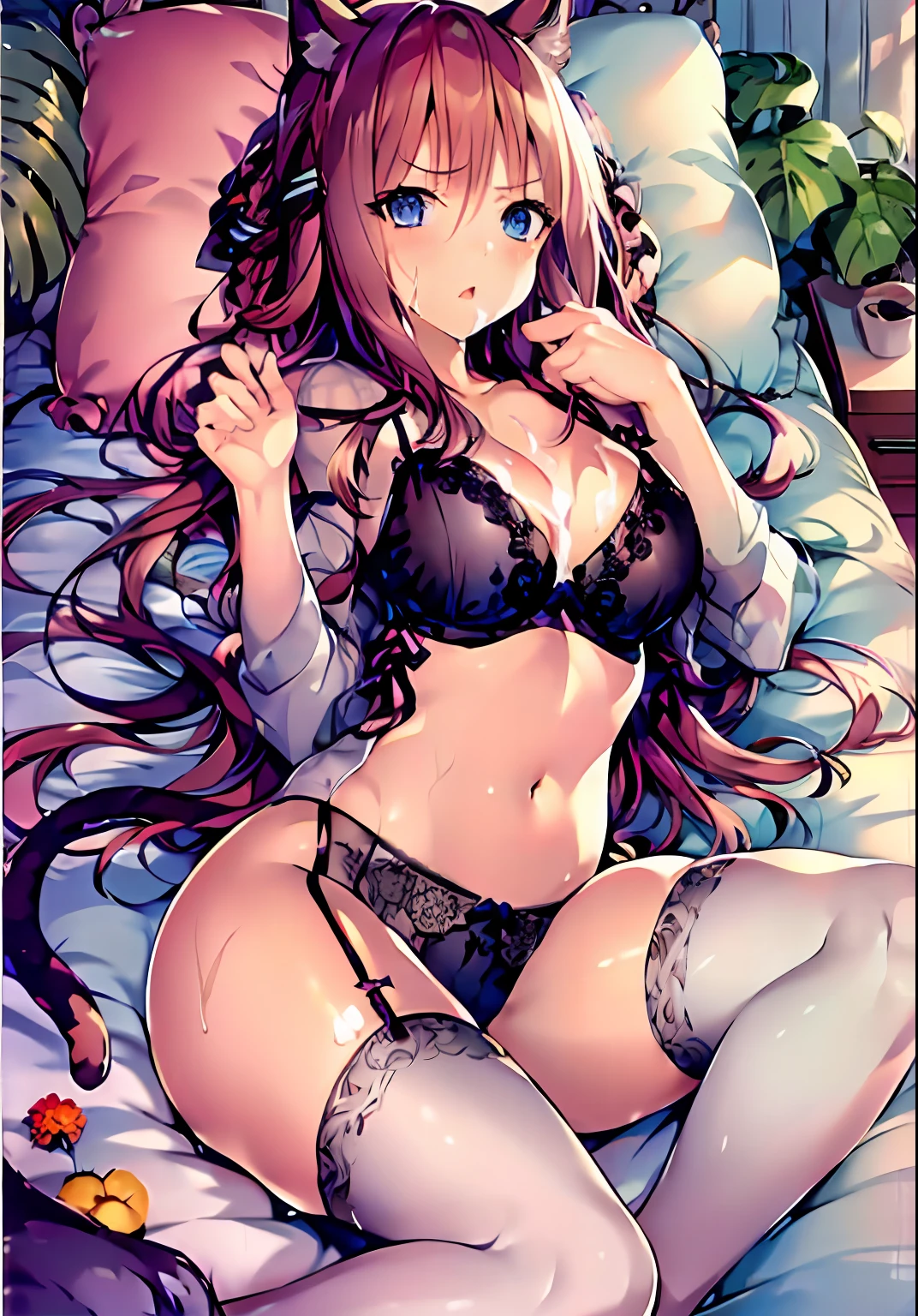 Top image quality, Super Detail Anime Super Detail, ​masterpiece, tre anatomically correct, college aged, (Cat Girl: 1.6), (Feline ears: 1.4), Cat's tail, red tide, sexual excitement, (Rut: 1.6), (Very large breasts: 1.8), thighs thighs thighs thighs, (Mass sweat: 1.8), Ahegao, Iki face, Torogao, Realistic moisturized skin, (Drenched body: 1.6), Eye of Detail, erotick, White see-through, Breast milk out of the, (Wearing simple lingerie only:1.6)、Crotch muscles、(Visible through lingerie:1.4)、Masturbation behavior、(M-shaped legs:1.6)、(cum on:1.6)、open your legs wide immediately after sexual in bed,,