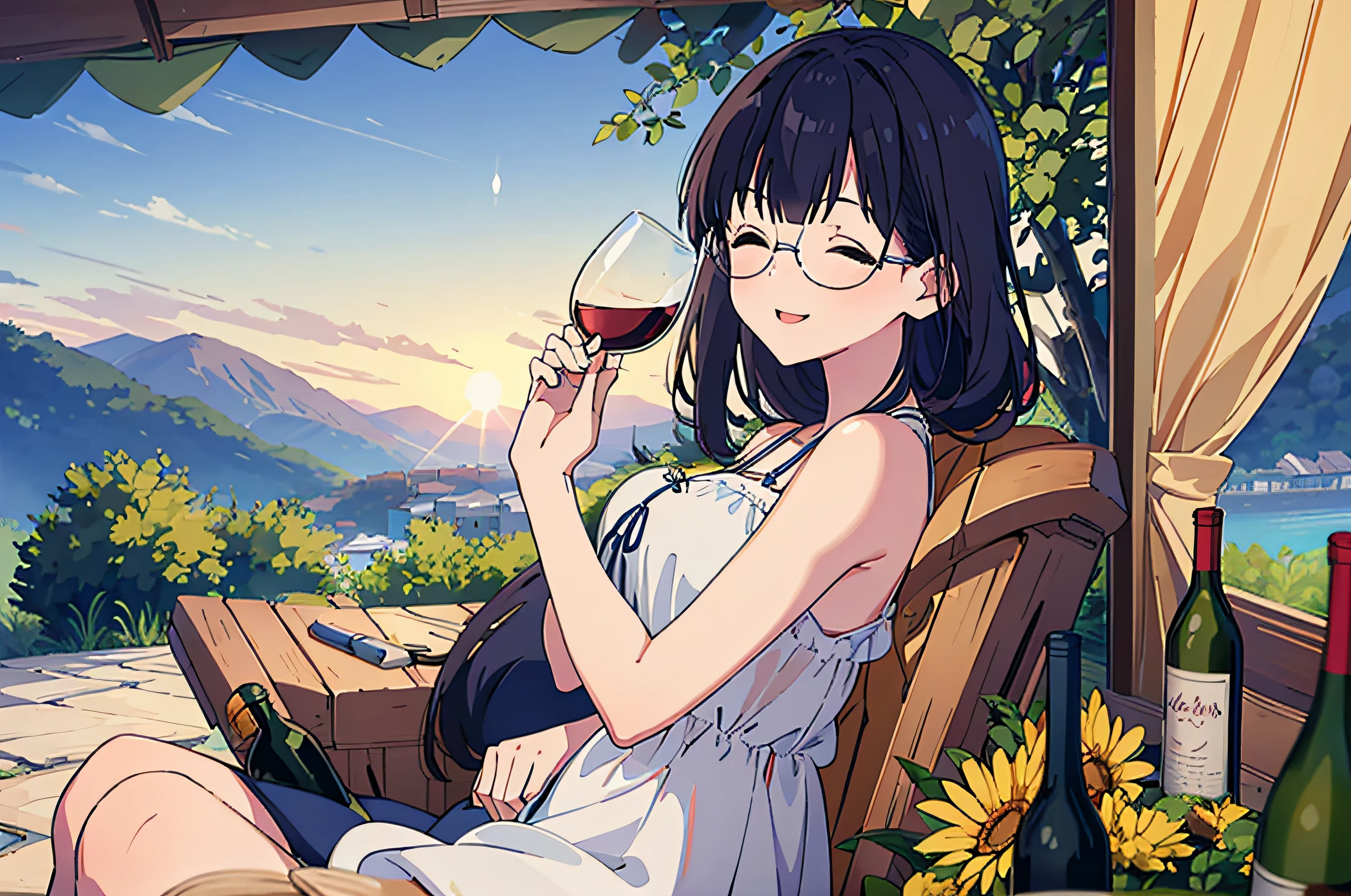 (Masterpiece-grade)Ultra-high resolution CG paintings of the best quality,A girl with her eyes closed and glasses,Wearing a blue sun dress,Hold a wine glass,There are wine bottles next to it,Has long flowing hair and a charming smile,Surrounded by tents and outdoor views。