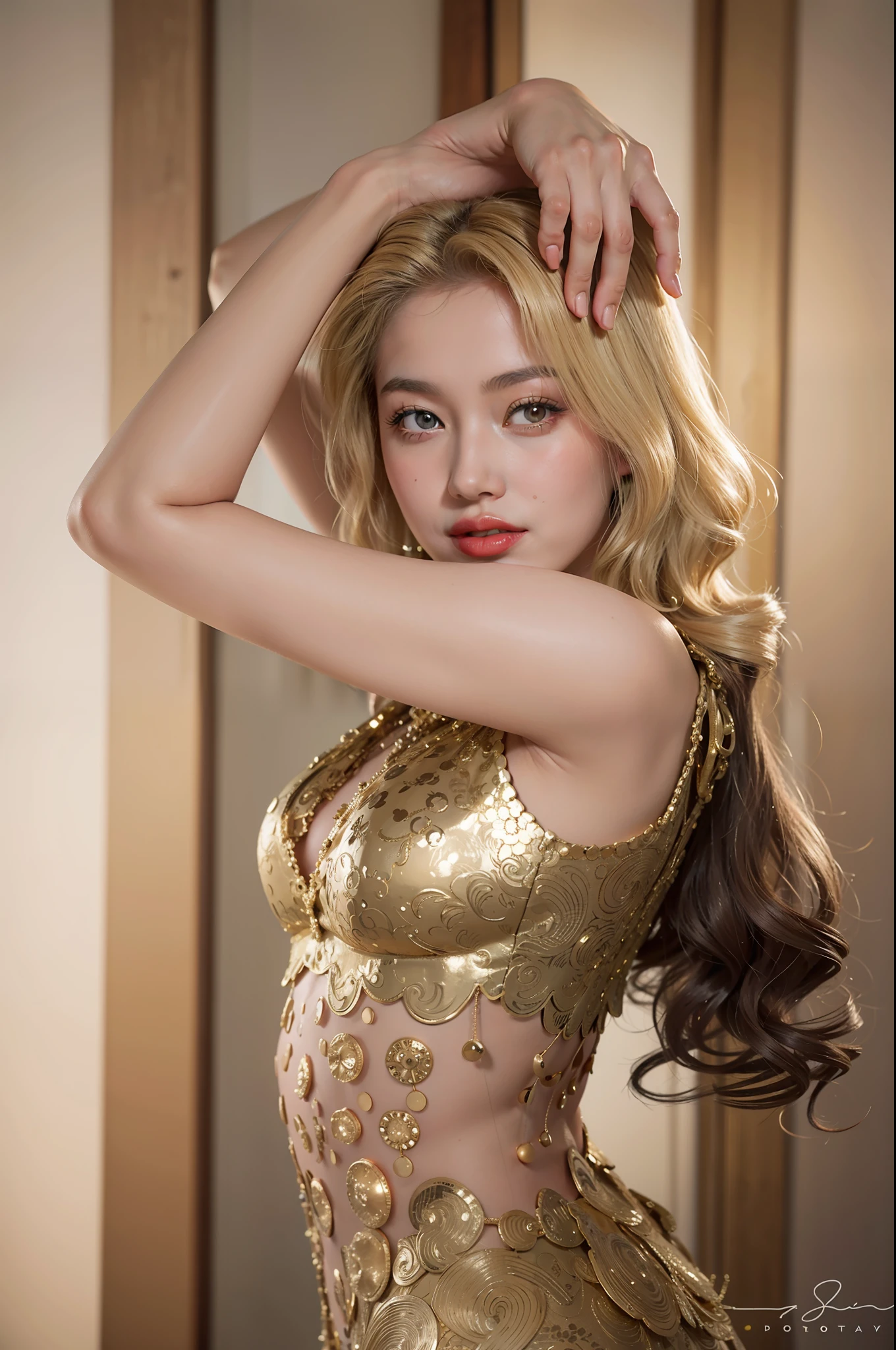 Marilyn Monroe in a gold bikini posing for a picture, portrait of modern darna, beautiful Marilyn Monroe, short hair, blonde,perfect body, beautiful woman, with curvy short hair, downtown background with bokah, side light, back light, , sexy girl with dark complexion, leaked image, asian woman, she is dressed as a belly dancer, asian women