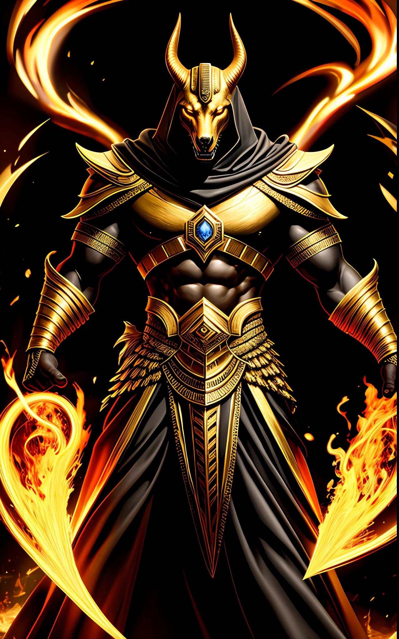 (high quality), photorealistic, (oil painting)
jewelry, (solo),
(dynamic pose), towards right, ((hell gate)), fire, hell landscape, (the underworld), (dark landscape),
anubis, egyptian jackal headed god, anthro, muscular, (holding golden scales), dynamic pose, cinematic, dramatic camera angle, golden armor:0.25, black & gold cape, (good anatomy), (good proportions), award winning, masterpiece, centered,
