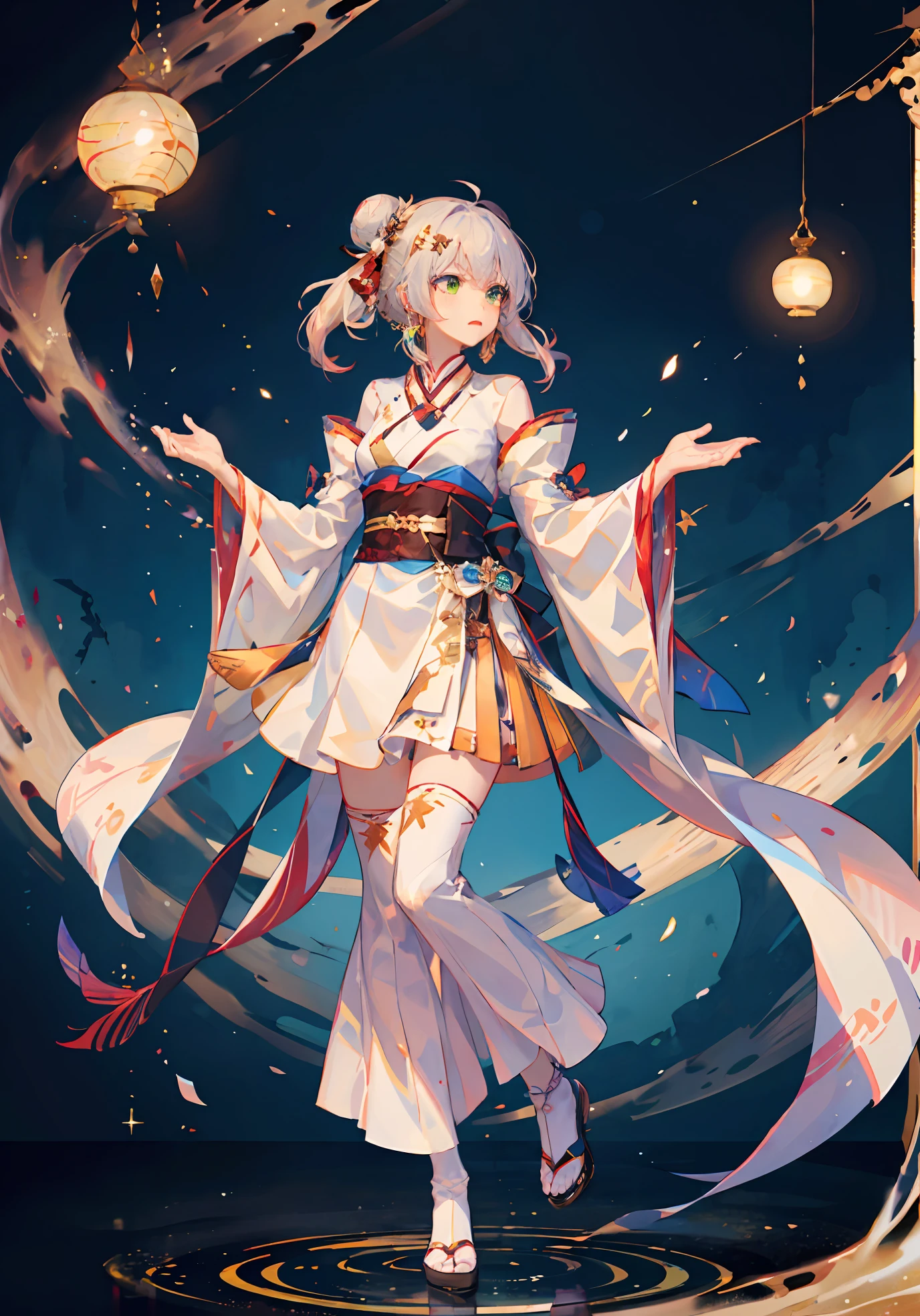 8k wallpaper,tmasterpiece,电影灯光,best qualtiy,illustratio,dramaticangle,a color,colored inner hair,solo 1girl,solo,whaite hair,long whitr hair,hair-bun,Hanfu,Green eyes,Hammerhead,exteriors,Lookout,longer sleeves,Hanfu,bblurry,By bangs,The background is blurred out,Raise Hand,ribbon,Wide sleeves,The tree,are standing,Facebook,Keep one's mouth shut,robe,foot out of frame,jewelry,hair adornments,Red ribbons,tilts your head,耳Nipple Ring,sleeves past wrists,nipple tassels,In the daytime。