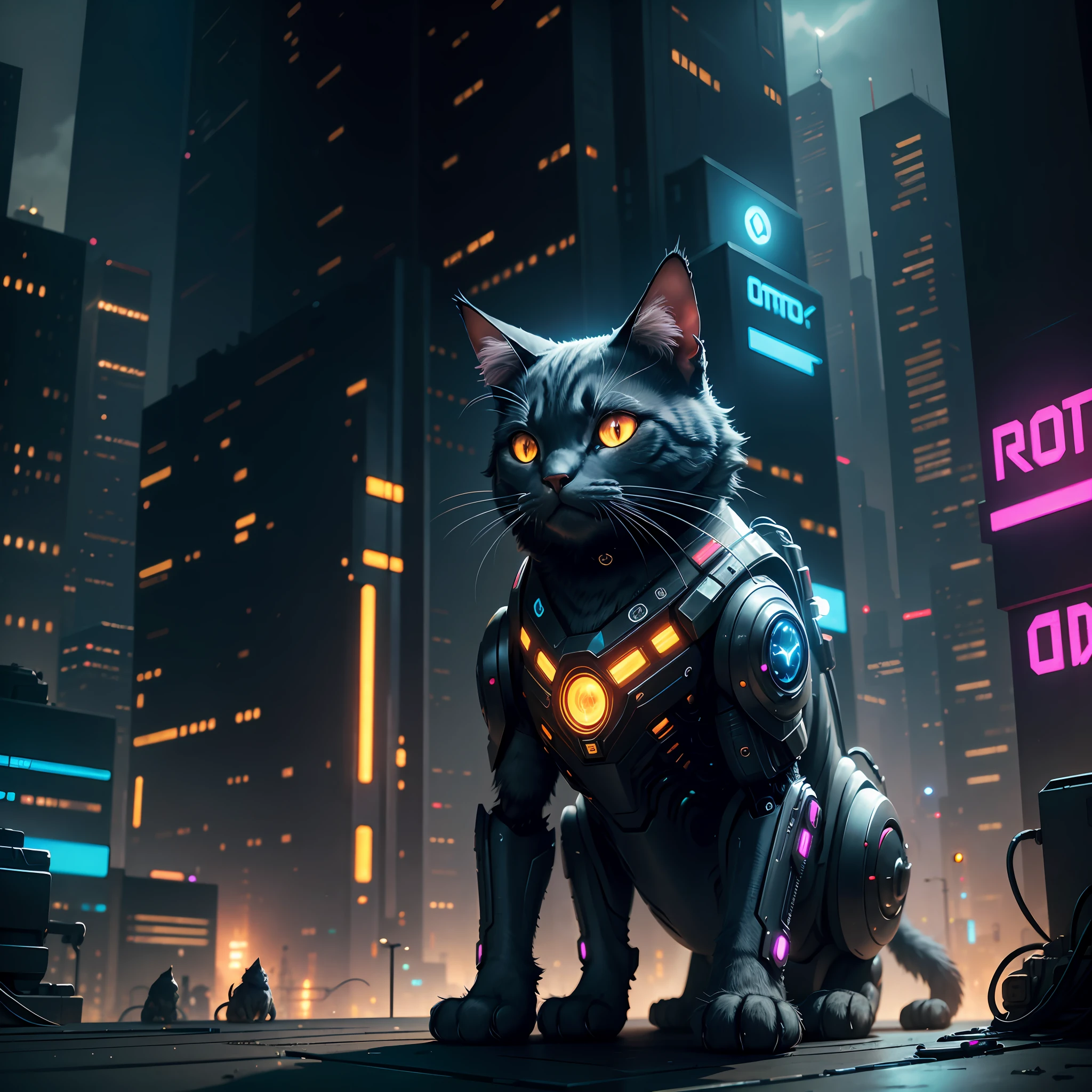 robotic cat, cyberpunk, realistic, cinematic, detailed, cybercity background --auto