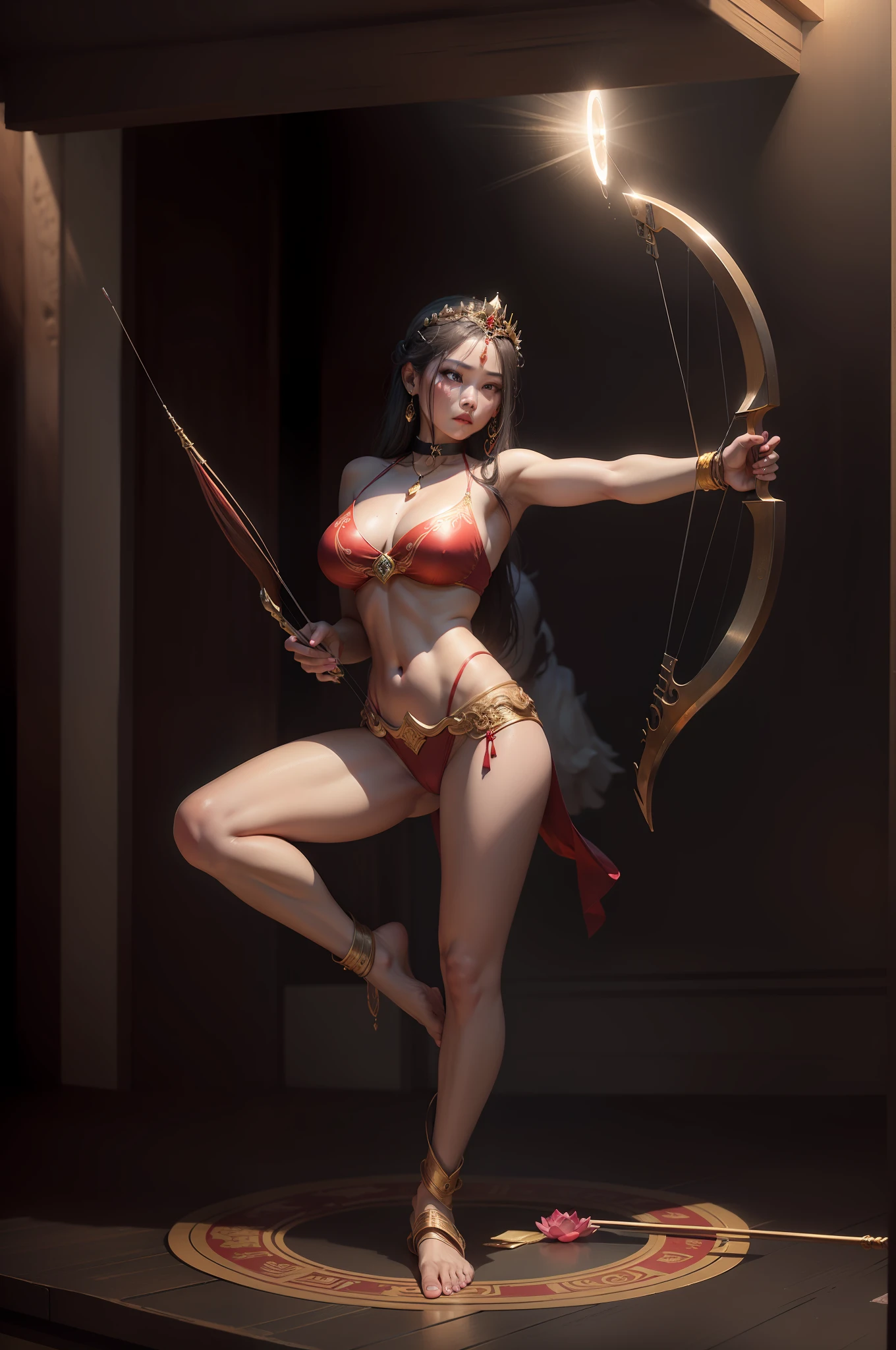 tmasterpiece，超高分辨率，Beautiful goddess of archery，Wear a crown on your head，choker necklace，Yingluo，Red skin，gorgeous figure，One foot on the lotus，No clothes，There are various decorative bodies，In the background are the sky，There is a circular light behind the head，