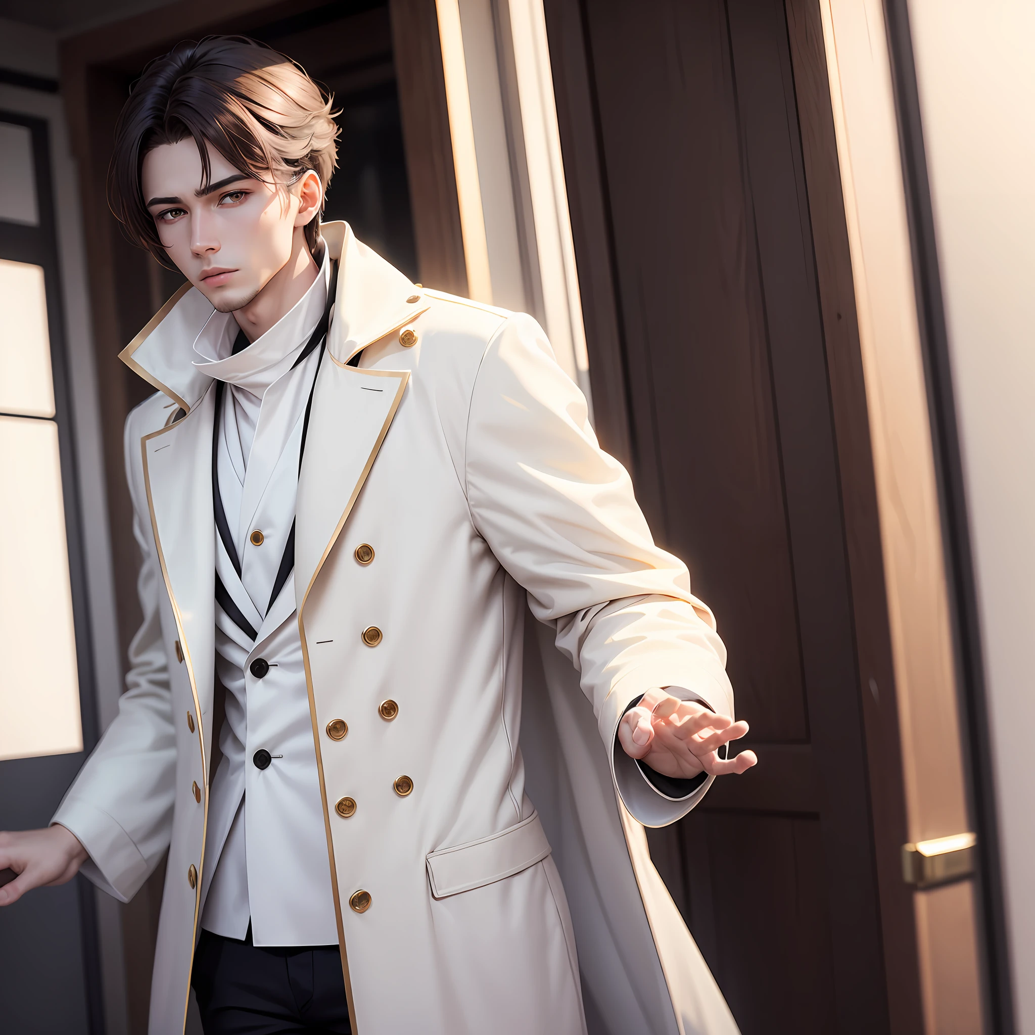 male people，brunette color hair，Golden pupils，Pale skin，Manteau blanc，Oriental， --auto