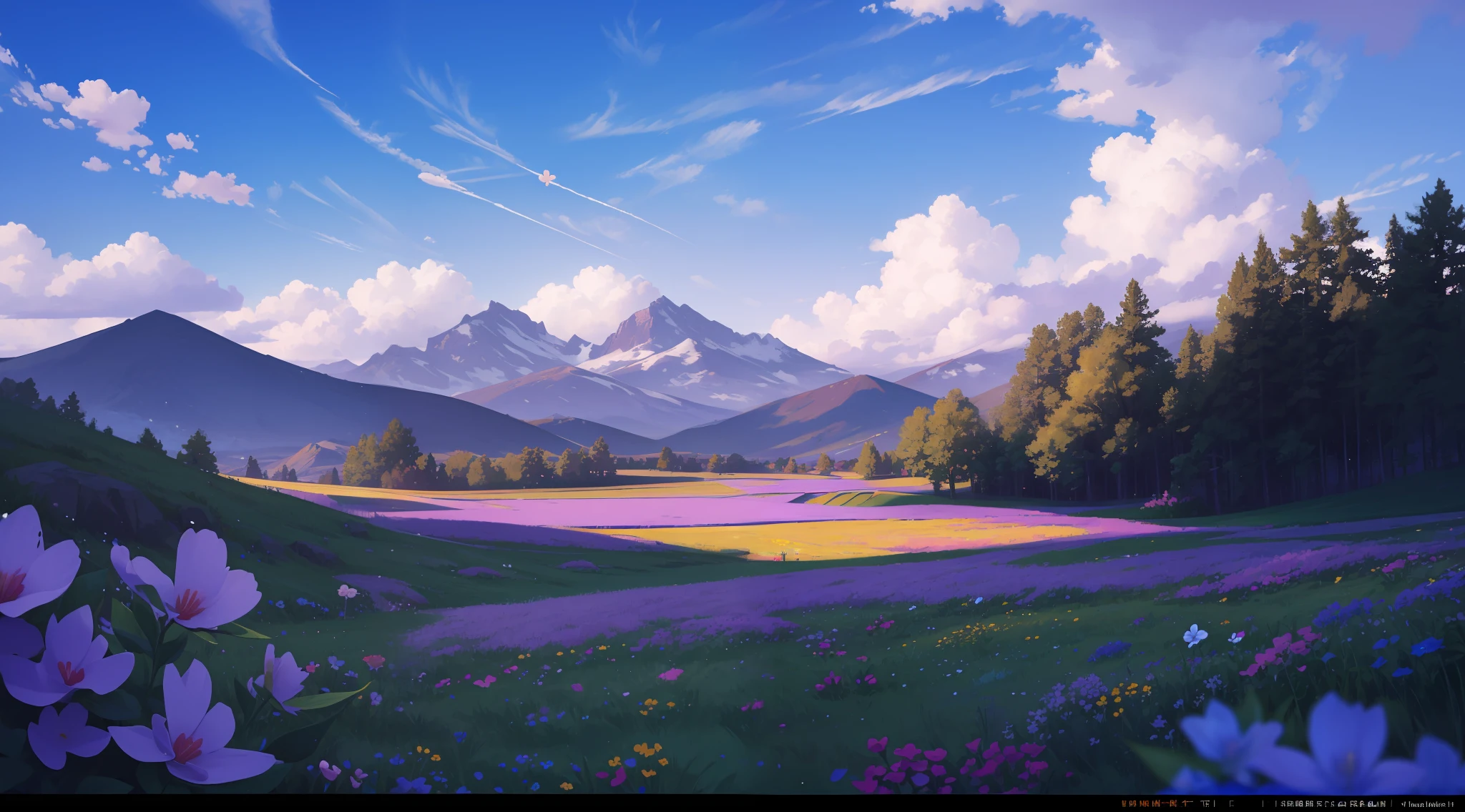Summer, meadows, few small flowers, clear lakes, sheep, heaven, large clouds, blue sky, hot weather, HD detail, wet watermark, hyper-detail, cinematic, surrealism, soft light, deep field focus bokeh, distant view is snowy mountains, ray tracing, and surrealism. --v6