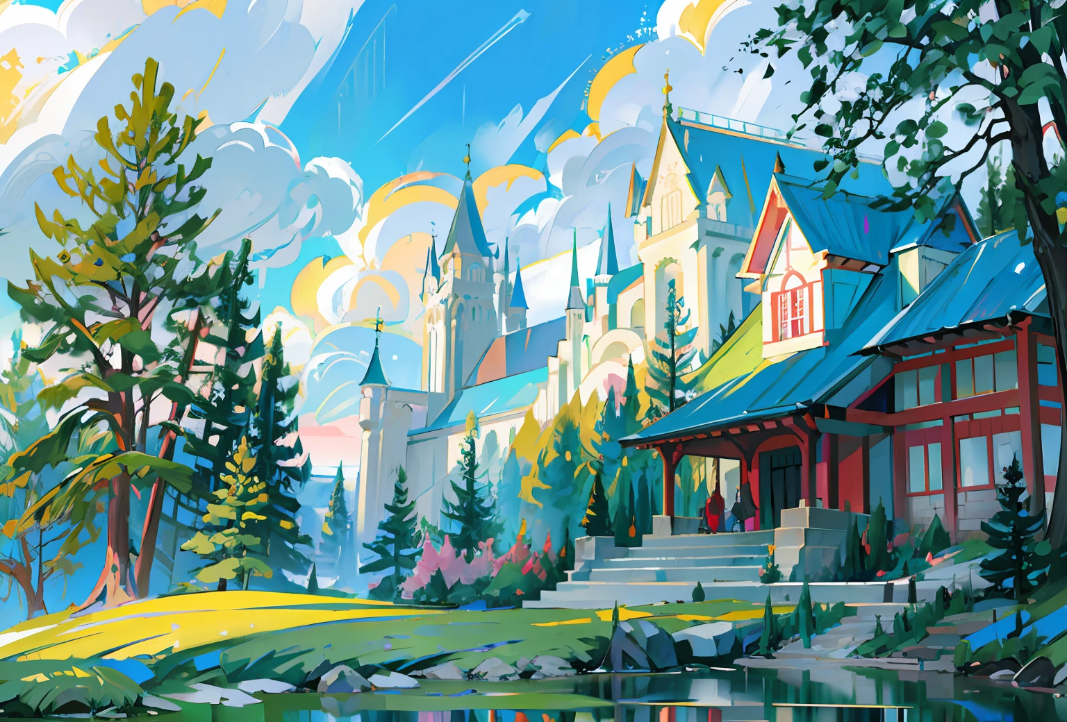 Castle painting in the distance，A small stream flows through it, painterly concept art, digital painting of a pagoda, in style of kyrill kotashev, ross tran. scenery background, Anime landscape concept art, concept art by disney, digital painting concept art, concept art style, environment design illustration, painted as a game concept art, beautiful concept art，（Pink clouds）