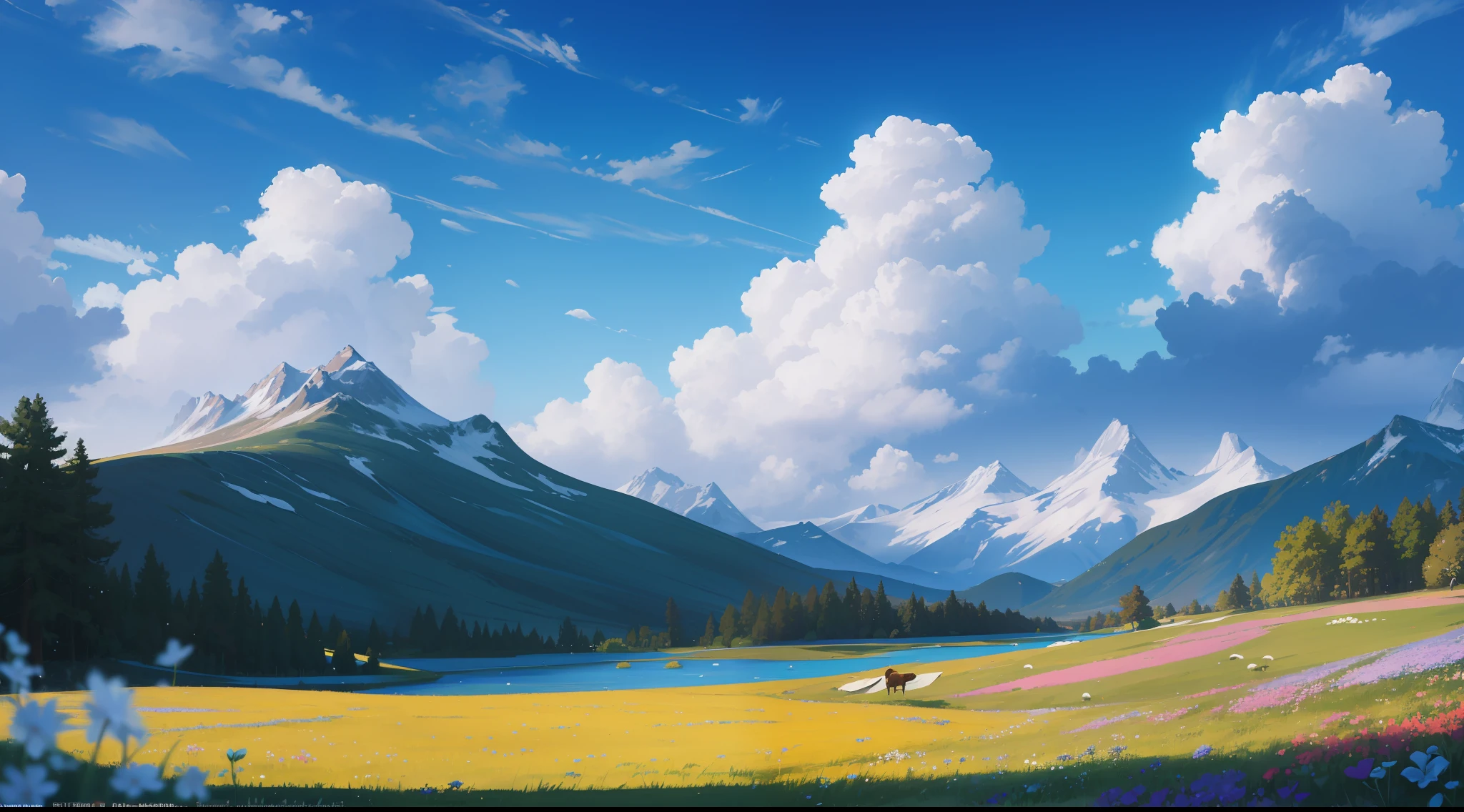 Summer, meadows, few small flowers, clear lakes, sheep, heaven, large clouds, blue sky, hot weather, HD detail, wet watermark, hyper-detail, cinematic, surrealism, soft light, deep field focus bokeh, distant view is snowy mountains, ray tracing, and surrealism. --v6