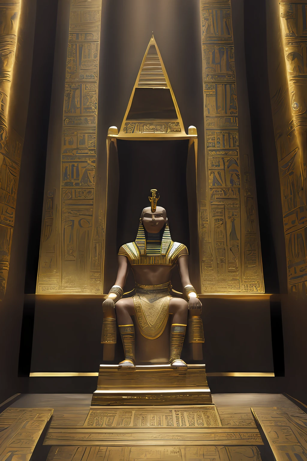 One Person, Solo, Godanubis sitting on a throne inside the pyramid, splendid, Egypt, energy, aura, dust, debris, dune,