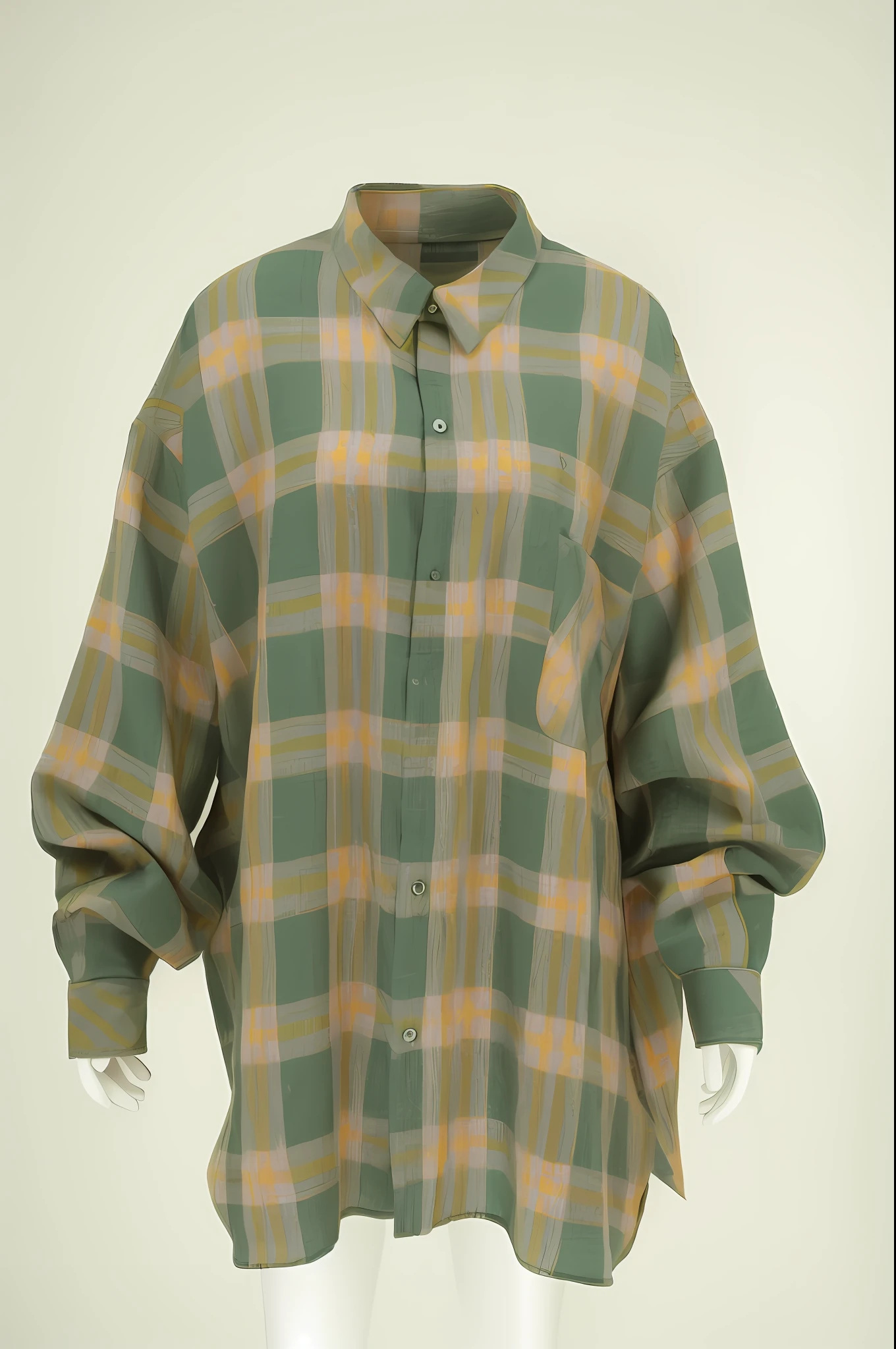 The shirt,The front is decorated with a plaid pattern,buttoneddowncollarprim, clothes in the style of 1 9 9 0, retro shirt, flannel, wears.1990's, full subject shown in photo, wearing a flannel shirt, tartan garment, green and brown clothes, intertwined full body view, casual green clothing, Plaid garment,white backgrounid