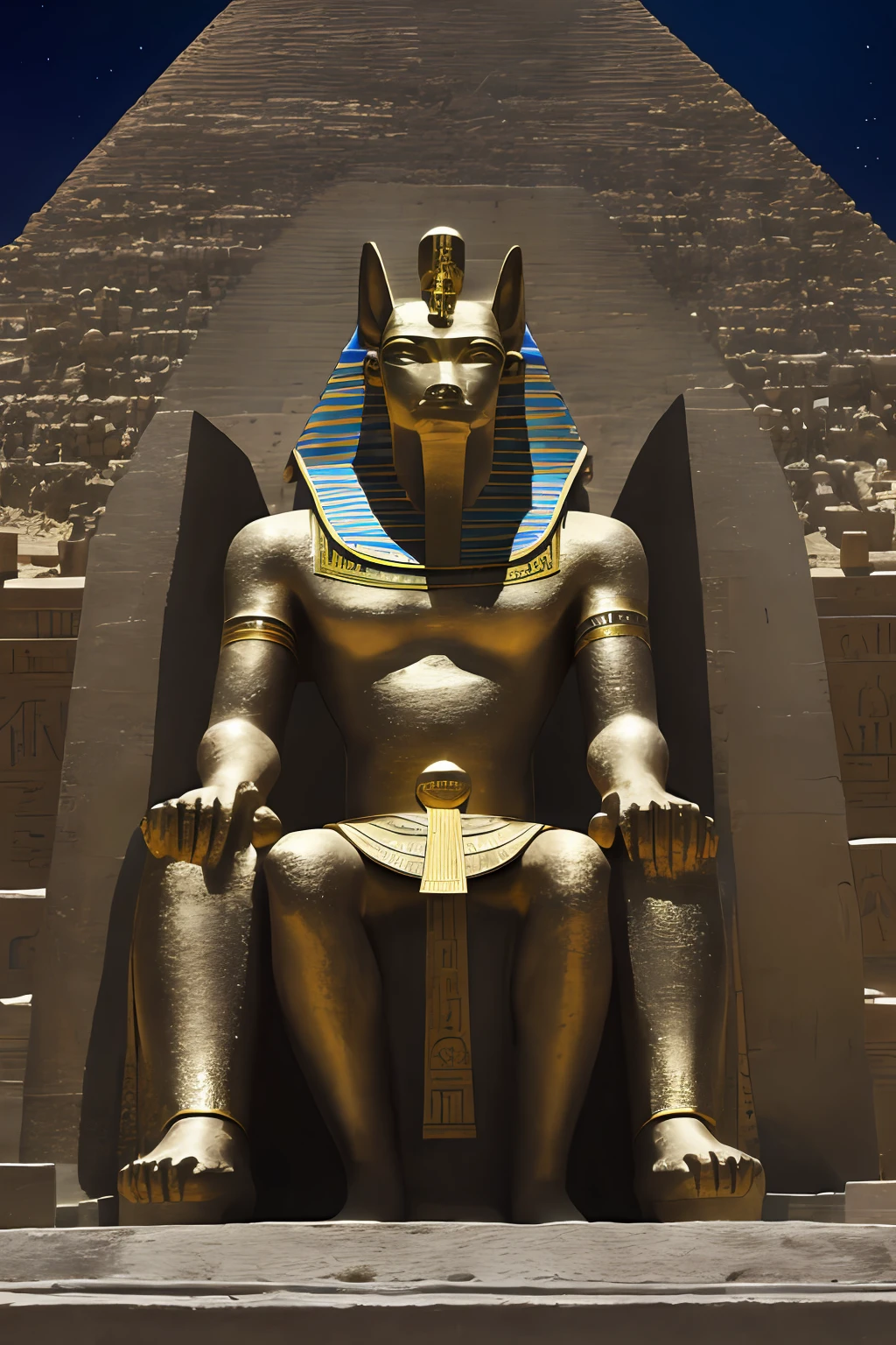 One Person, Solo, Godanubis sitting on a throne inside the pyramid, splendid, Egypt, energy, aura, dust, debris, dune,