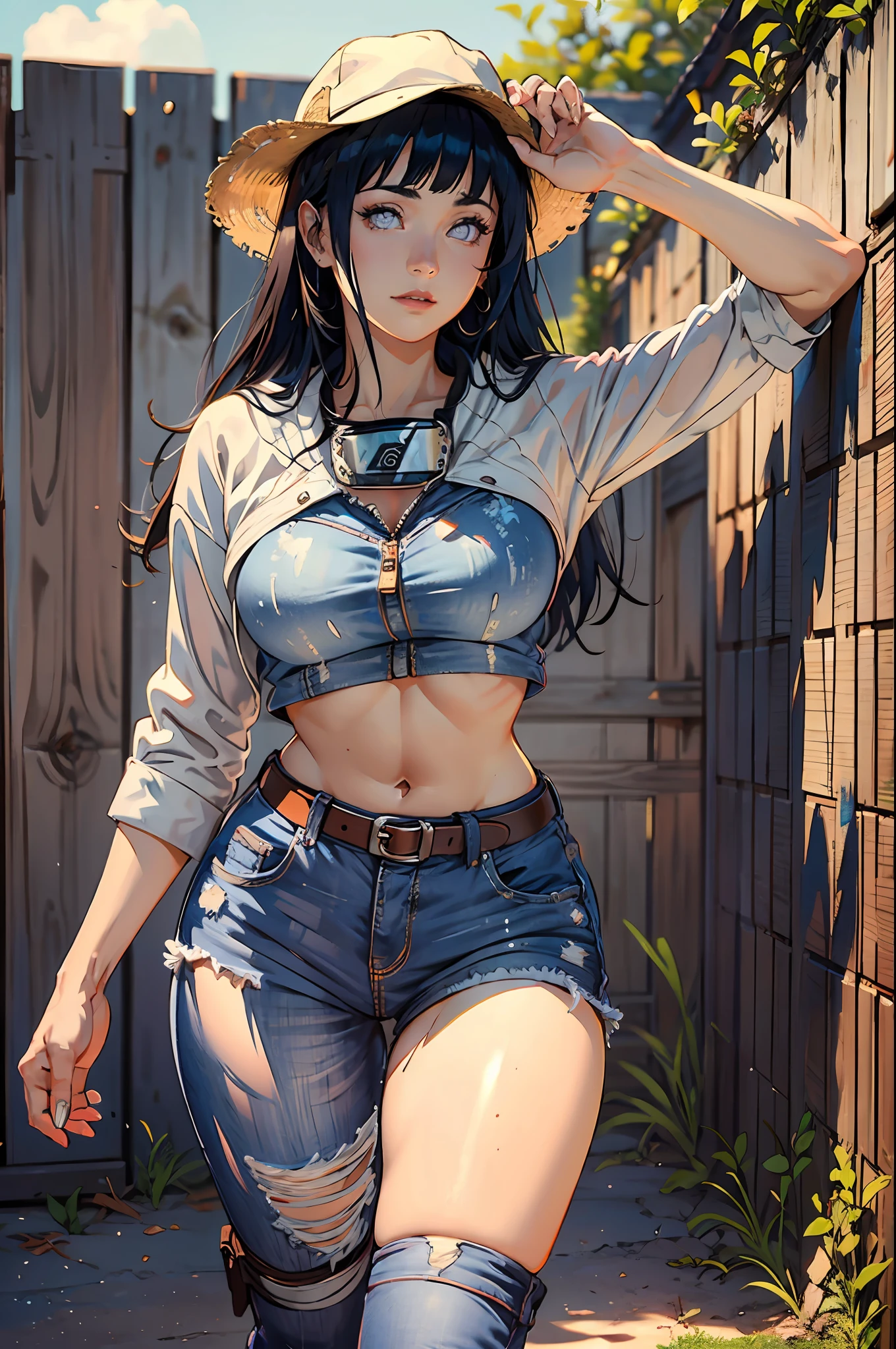 Hinata Hyuga, muito sensual, com roupas country, cowgirllbrasileira, farm in the interior of São Paulo, dancing country, rodeio, PBR, bunda grande, pernas grossas, wearing a pair of jeans, usando camisa xadrez, umbigo com pirsing, usando uma bota, cabelo grande, wearing a hat, fivela no cinto, cavalos e bois no fundo, muito realista, extremamente sexy, 8k, 8k extremamente detalhado), (um extremamente delicado e bonito), (obra-prima), (melhor qualidade: 1.0), (ultra highres:1.0)