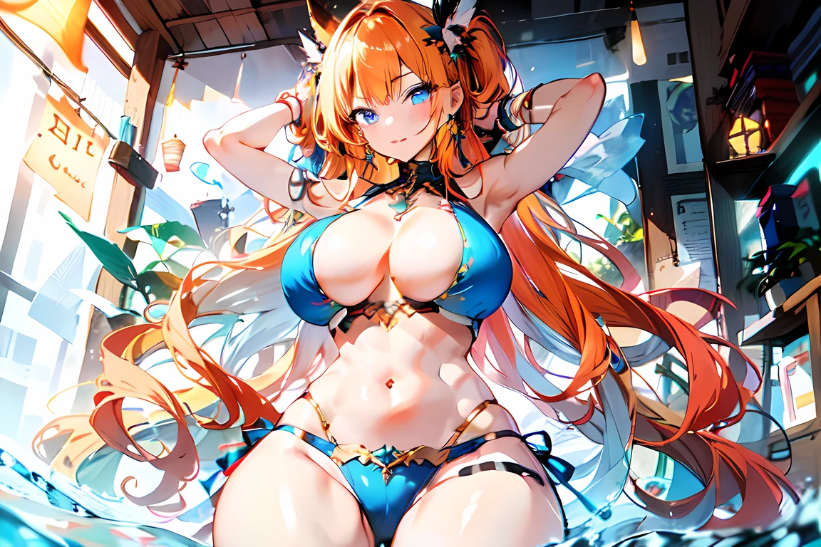 narrow navel, long navel, deep navel, sexy navel, wide hips, narrow waist, massive perfect breasts, beautiful goddess, dazzling blue eyes, orange hair, hair ornaments, random pose