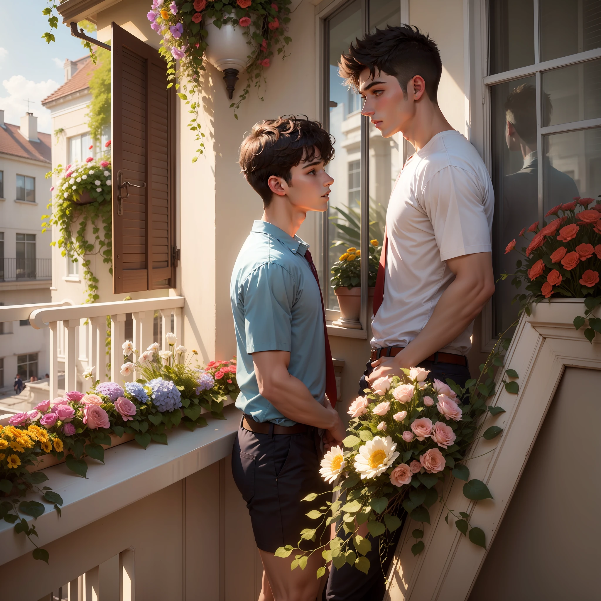 Sunlight spills over the balcony,The balcony is decorated with flowers in many colors,Two male high school students fall in love,An art student and a physical education student,About the same height,双A,short detailed hair,Knock,Masculinity,Two boys,The sea is out the window,Handsome,delicated,Like each other,Look at each other