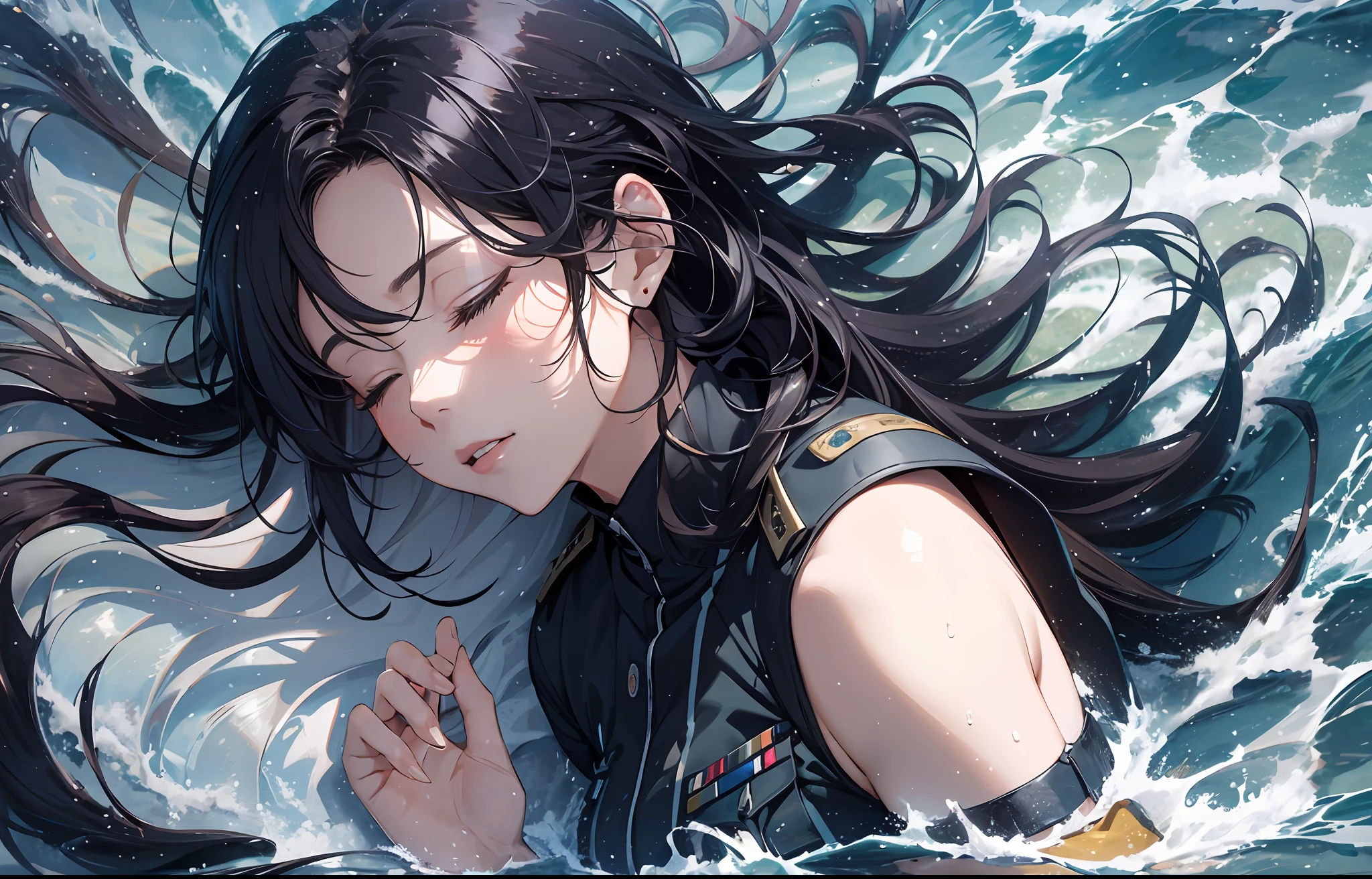One has long black hair,Girl in military uniform lying at the bottom of the blue sea,Beautiful CG,Pay attention to detail,8K,light and shadow effect,电影灯光,cold shades,blue tint,closing her eyes,fall,Water all around。