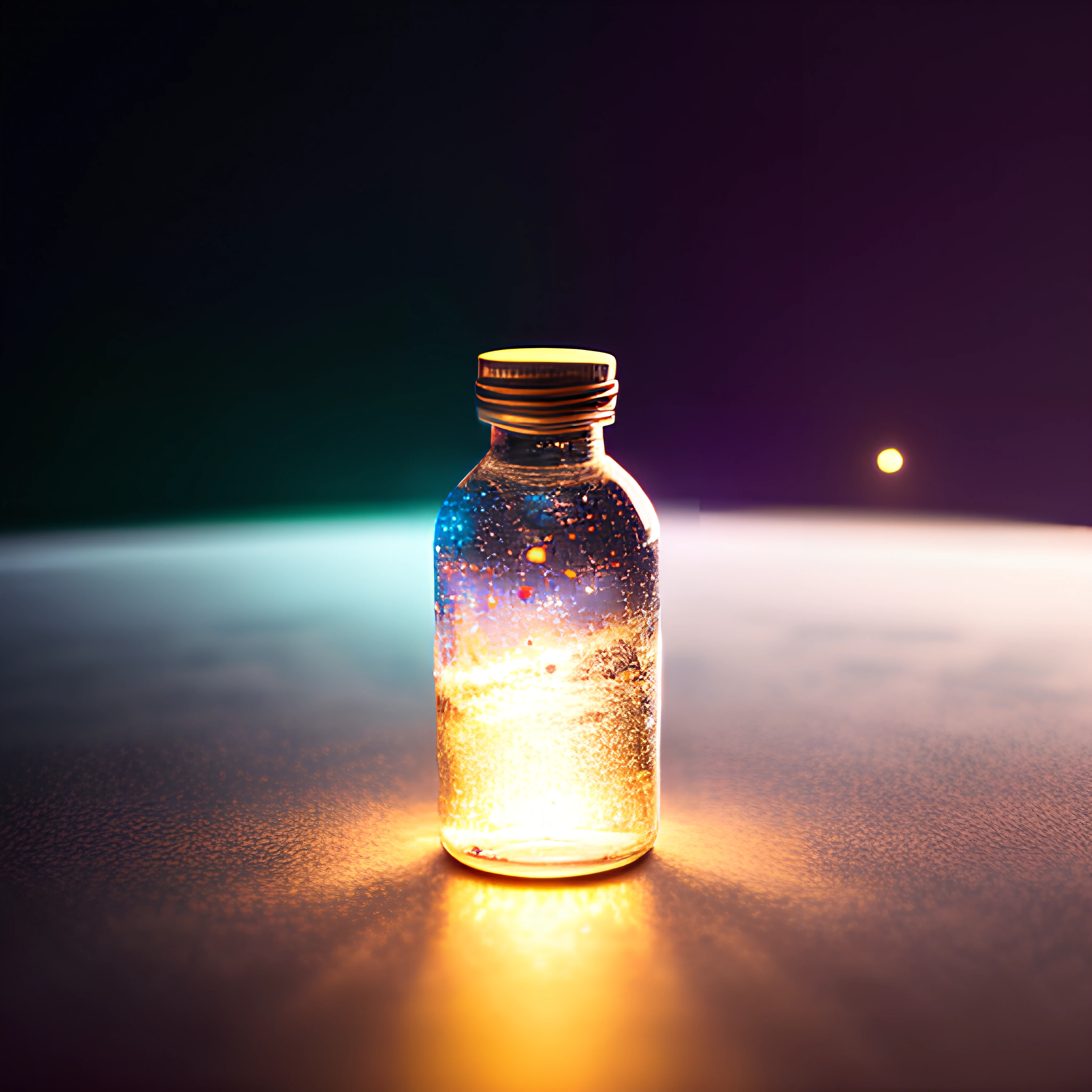 space in bottle on table, (intricate details:1.22), hdr, (intricate details, hyperdetailed:1.2), whole body, cinematic, intense, cinematic composition, cinematic lighting, (rim lighting:1.3), color grading, focused,