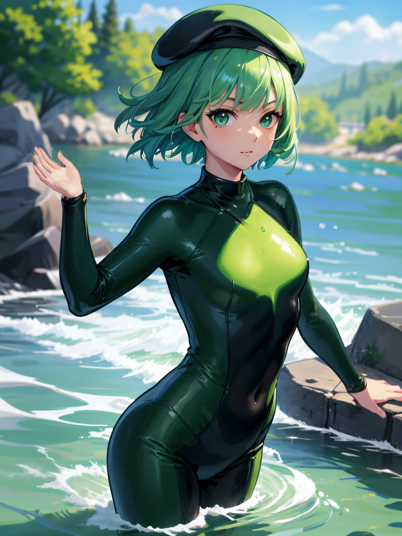 Anime girl in wetsuit stands in water with her hand out, tatsumaki from one punch man, cute girl wearing a tank suit, tatsumaki, Green swimsuit, wearing a swimming wear, krenz cushart and artgerm, Very detailed ArtGerm, Swimsuit, android heroine, Style ArtGerm, Official art, high quality fan art