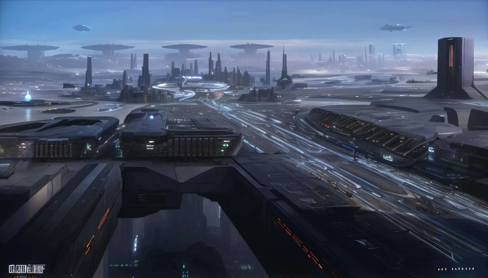 Futuristic city with lots of buildings and lots of cars, mass effect concept art, futuristic space port, space port city, star citizen concept art, sci-fi hollywood concept art, scifi concept art, scifi concept art, otherwordly futuristic city, scifi concept art, scifi concept art, futuristic concept art,Join rocket towers and rocket launches