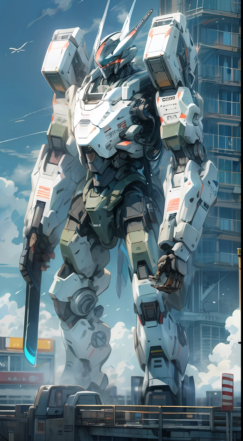 sky, cloud, holding_weapon, no_humans, glowing, , robot, building, glowing_eyes, mecha, science_fiction, city, realistic,mecha