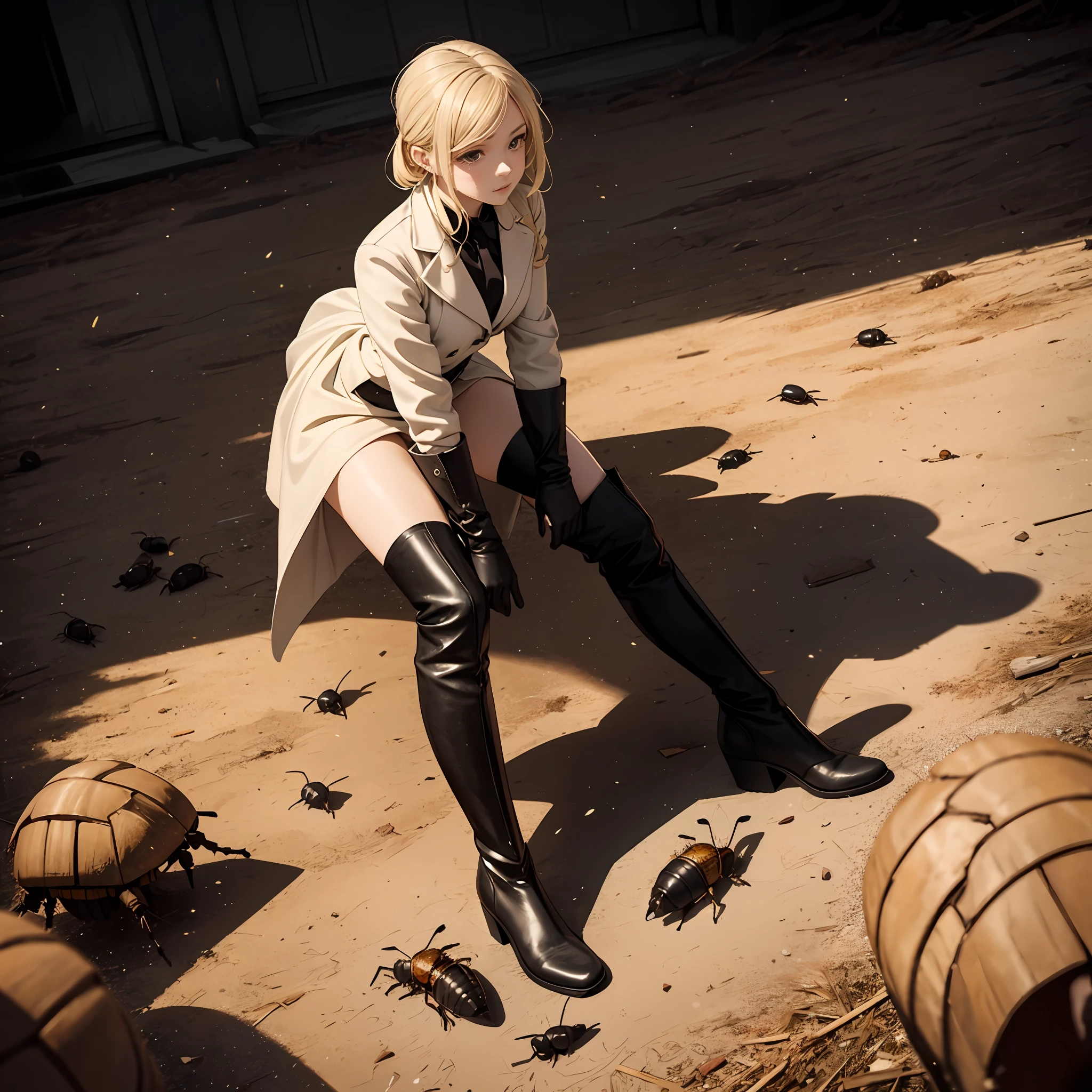 Beautiful blonde girl standing on top of a pile of small cockroaches、riding outfit、black rubber riding boots、white glove、View here、Arrogant appearance、Cockroach debris and yellowed fluids、