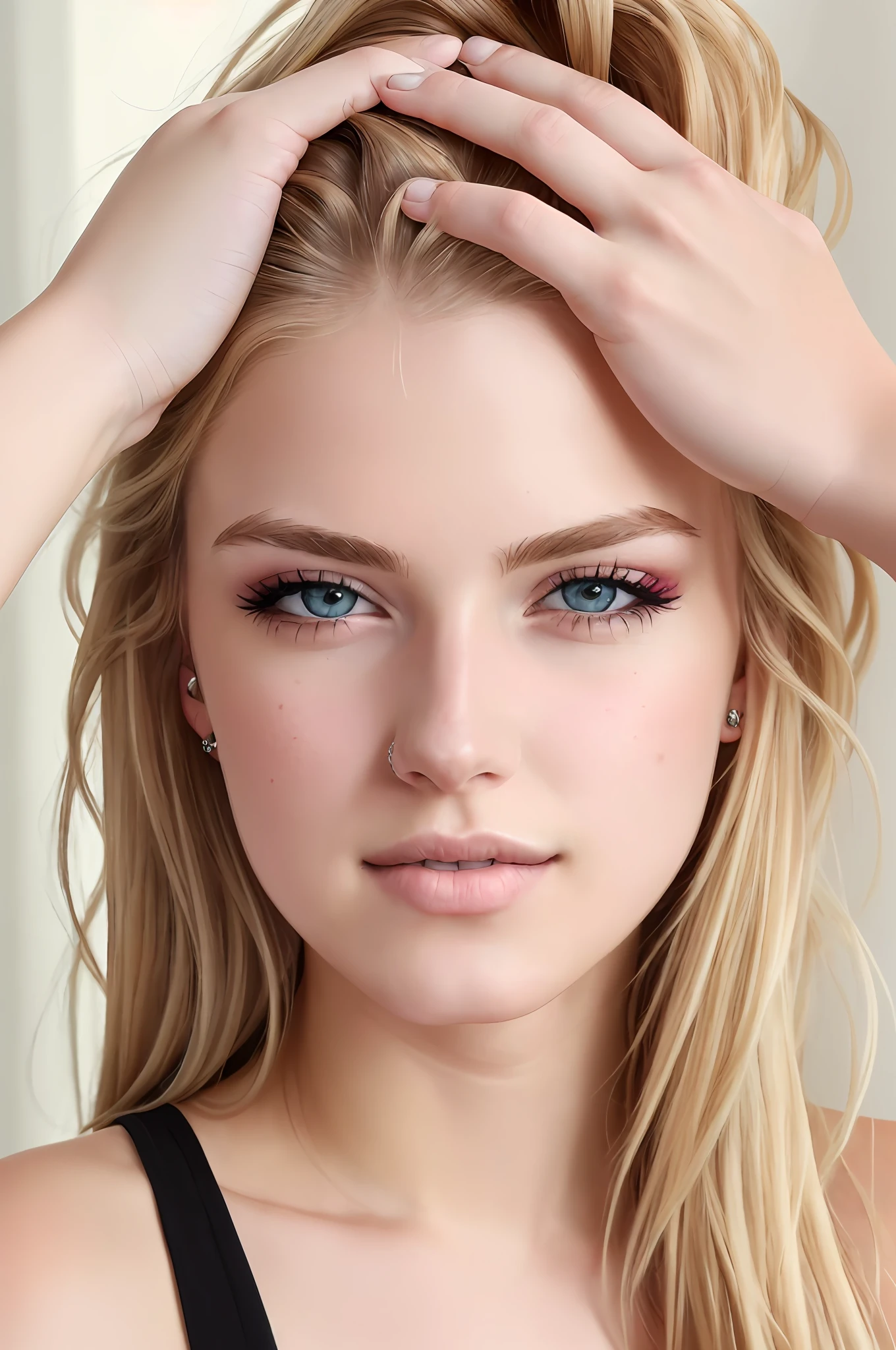 ((best quality)), ((ultra res)), ((photorealistic)), (intricate details), 19 years old, blonde hair, perfect face, make up:1.5, light on face, face detail, NAKED, short hair,