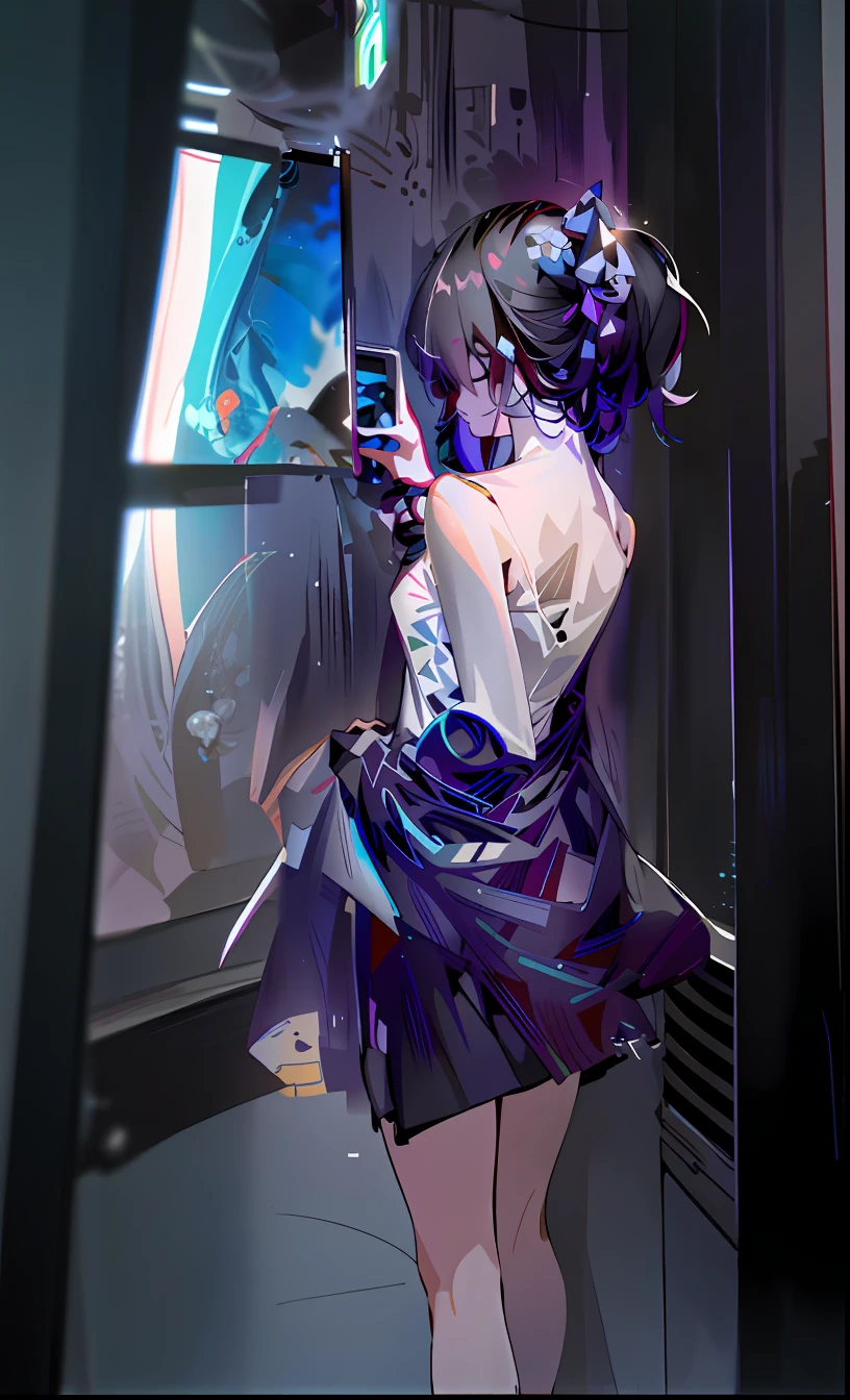 A young girl in a black and white dress is shooting an oil painting with her mobile phone, Chinese , showing her shoulder from back, 8K,nightcore, Digital art on Pixiv, By Yuumei, Best anime 4k konachan wallpaper, style of anime4 K, advanced digital anime art ”, Digital anime art, Digital anime illustration, anime styled digital art, Attractive pose, photo of slim girl,Turn your back towards the camera,Extreme detail,Keep the state of people and objects unchanged,Old museum