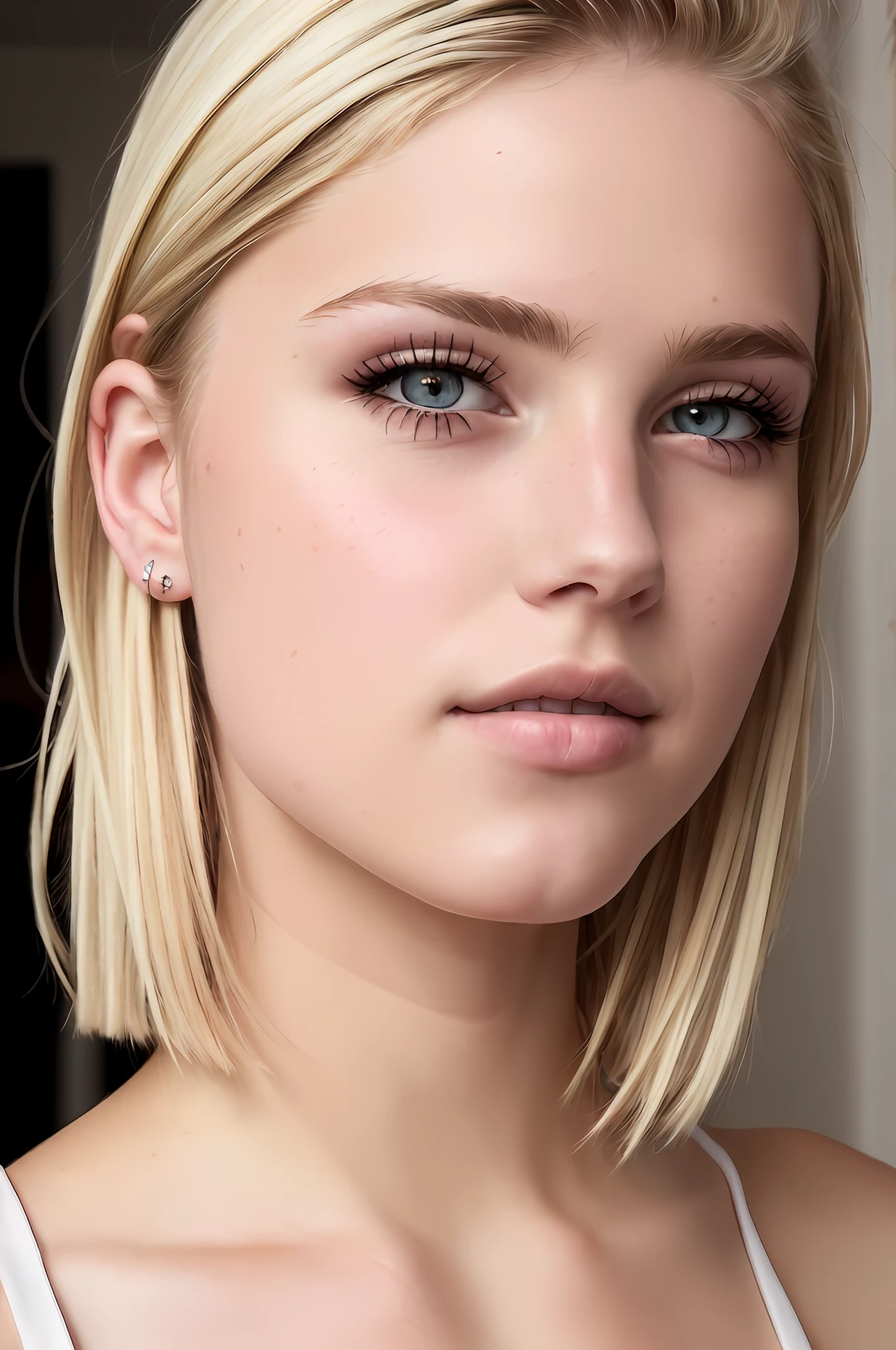 ((best quality)), ((ultra res)), ((photorealistic)), (intricate details), 19 years old, blonde hair, perfect face, make up:1.5, light on face, face detail, NAKED, short hair,