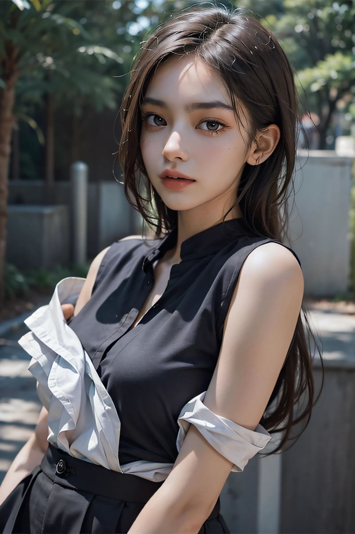 shirt, Tailored black trousers, (Delicate skin and skin pores and goosebumps:1.2), (high quality face:1), (Detailed face), (Raw photos with a DSLR camera:1), (Best Quality)