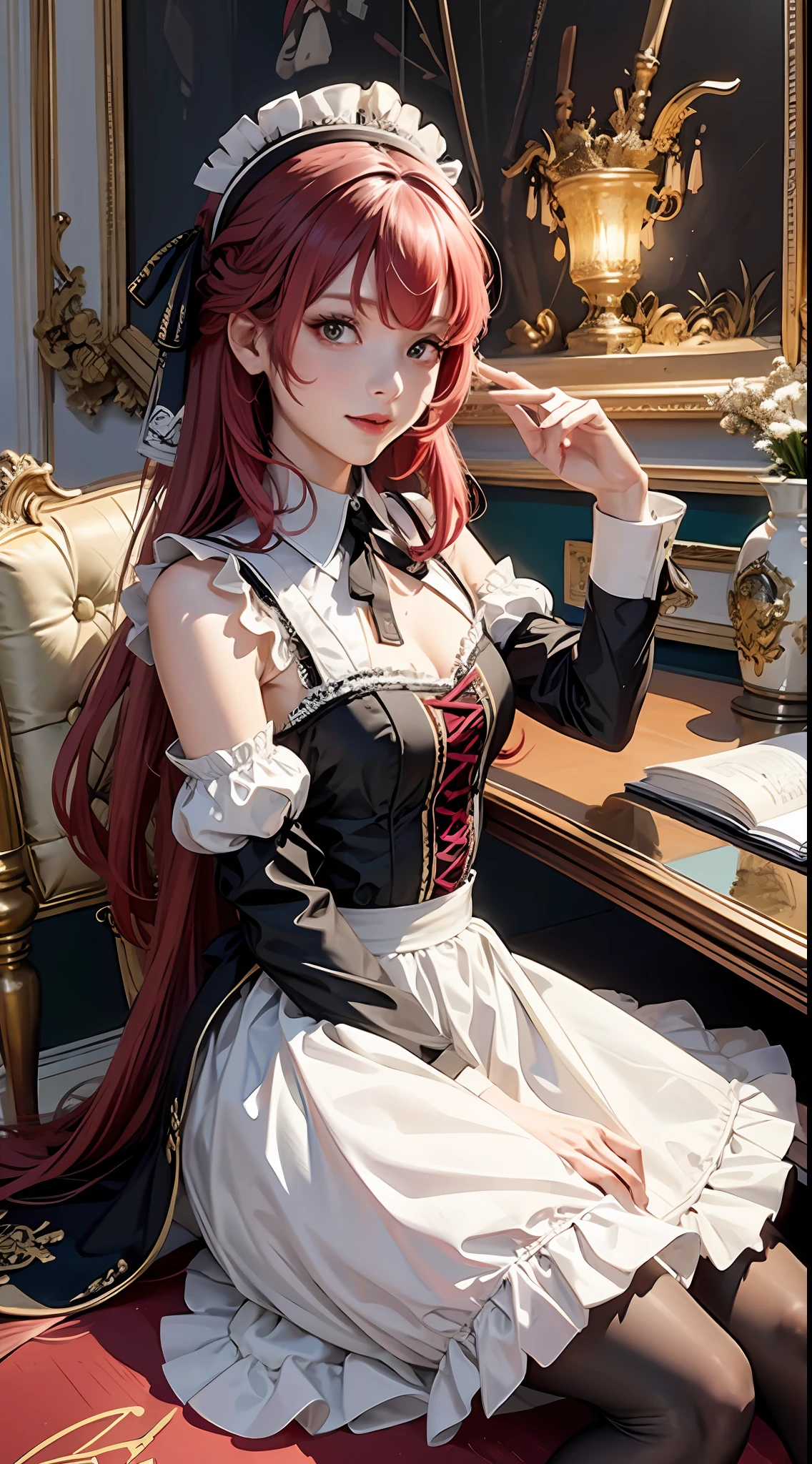 offcial art， Unity 8k Wallpapers， ultra - detailed， Beautiful and beautiful， tmasterpiece， best qualtiy， scientific fiction， （natta：1.2）， （1girll：1.3）， （年轻：1.1），The picture is clear，a close up of a woman in a dress and stockings, gorgeous maid, Maid outfit， Fighting posture， is shy， ssmile， Be red in the face， long whitr hair， whaite hair， Striped hair， red eyes， Hair bow， Moles under the eyes， （cinmatic lighting：1.2），One poses for a photo in a maid costume，the maid outfit，A dress dressed in lace，Luxurious theme，realistic dress，Skin details are highly detailed，Watch machinery，Beautiful maid，feminine beauty，Stunning character art，Ray traching