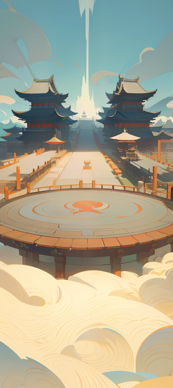 high high quality，Accurate structure，game scenes，Amphitheater，The center of the square，Empty， (Extremely detailed artistic images with the theme of Onmyoji，anime scene，There are drum towers and temples in the background，The palace and the Zen temple form a sense of symmetry，Background concept description，concept art style，A sense of artistic concept that shows the theme of Onmyoji)