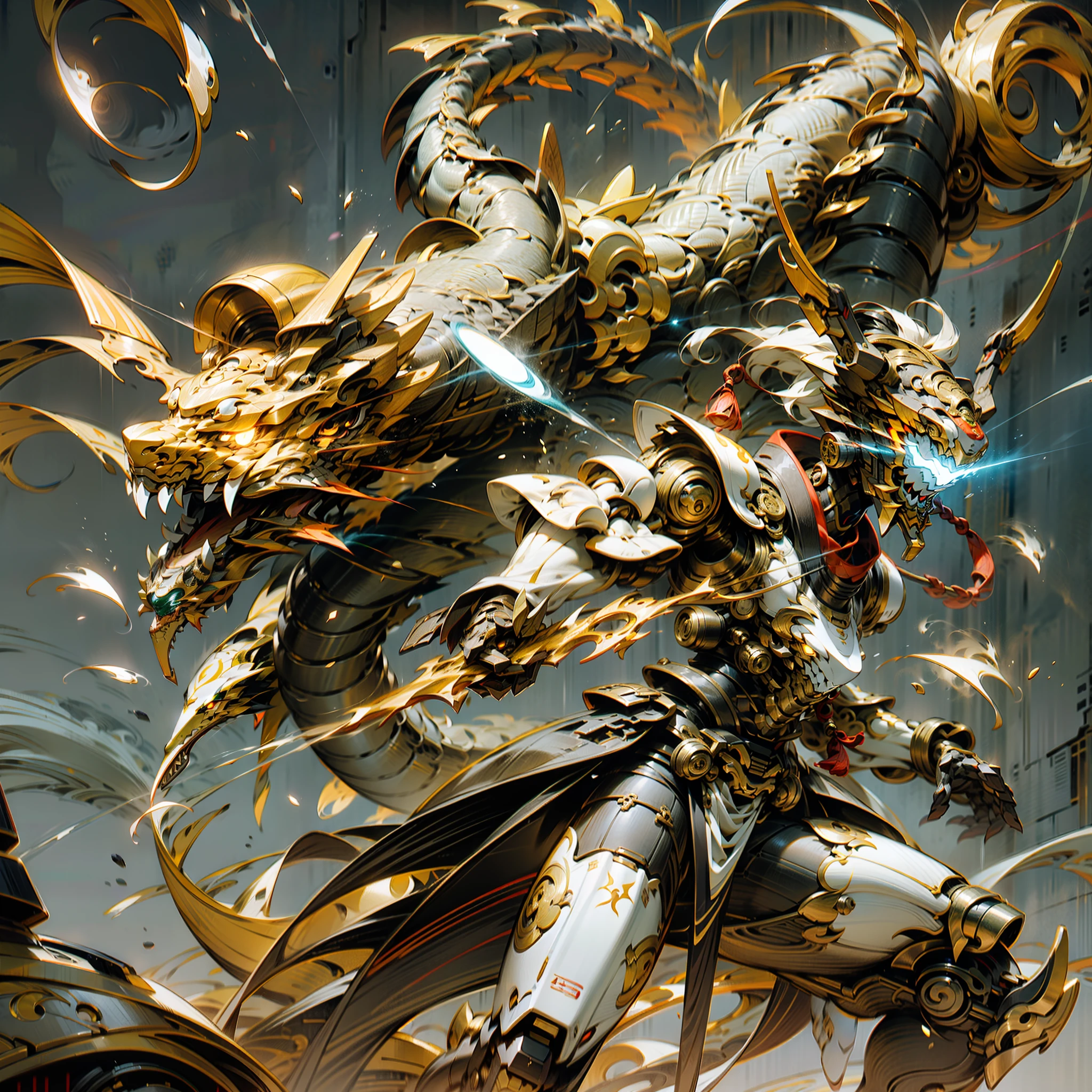 with light glowing,Reflective,(Tall mech:1.6),Amber gradient,(Use the plasma sword:1.3),There is a dragon particle effect,(taichi,Chinese Yin and Yang Bagua Five Elements:1.2),Machine armour wind,mechanical sense,sense of strength,Sense of space,combats,The prominent structure is reasonable,4K,High quality,Masterpieces,(of a real:1.4),drak,chinesedragon